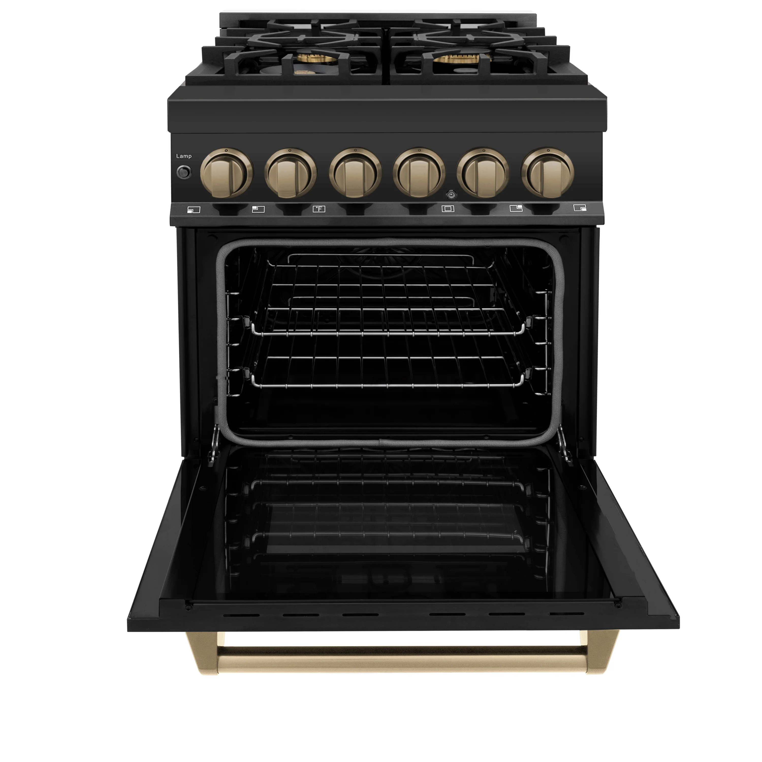 ZLINE Autograph Edition 24 in. 2.8 cu. ft. Legacy Dual Fuel Range with 4 Burner Gas Cooktop and Electric Convection Oven in Black Stainless Steel and Champagne Bronze Accents (RABZ-24-CB) - Image 5