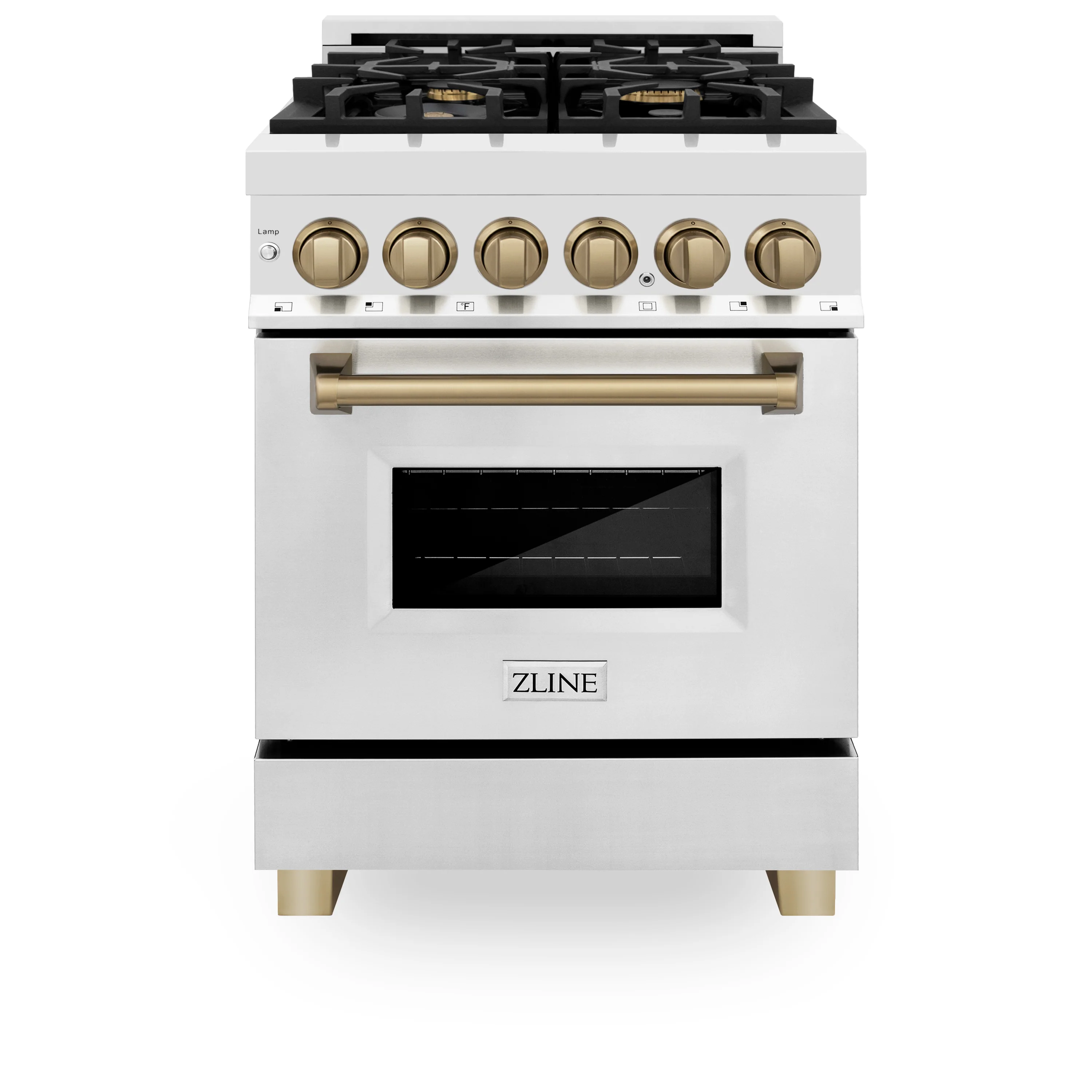 ZLINE Autograph Edition 24 in. 2.8 cu. ft. Legacy Dual Fuel Range with 4 Burner Gas Cooktop and Electric Convection Oven in Stainless Steel and Champagne Bronze Accents (RAZ-24-CB) - Image 4