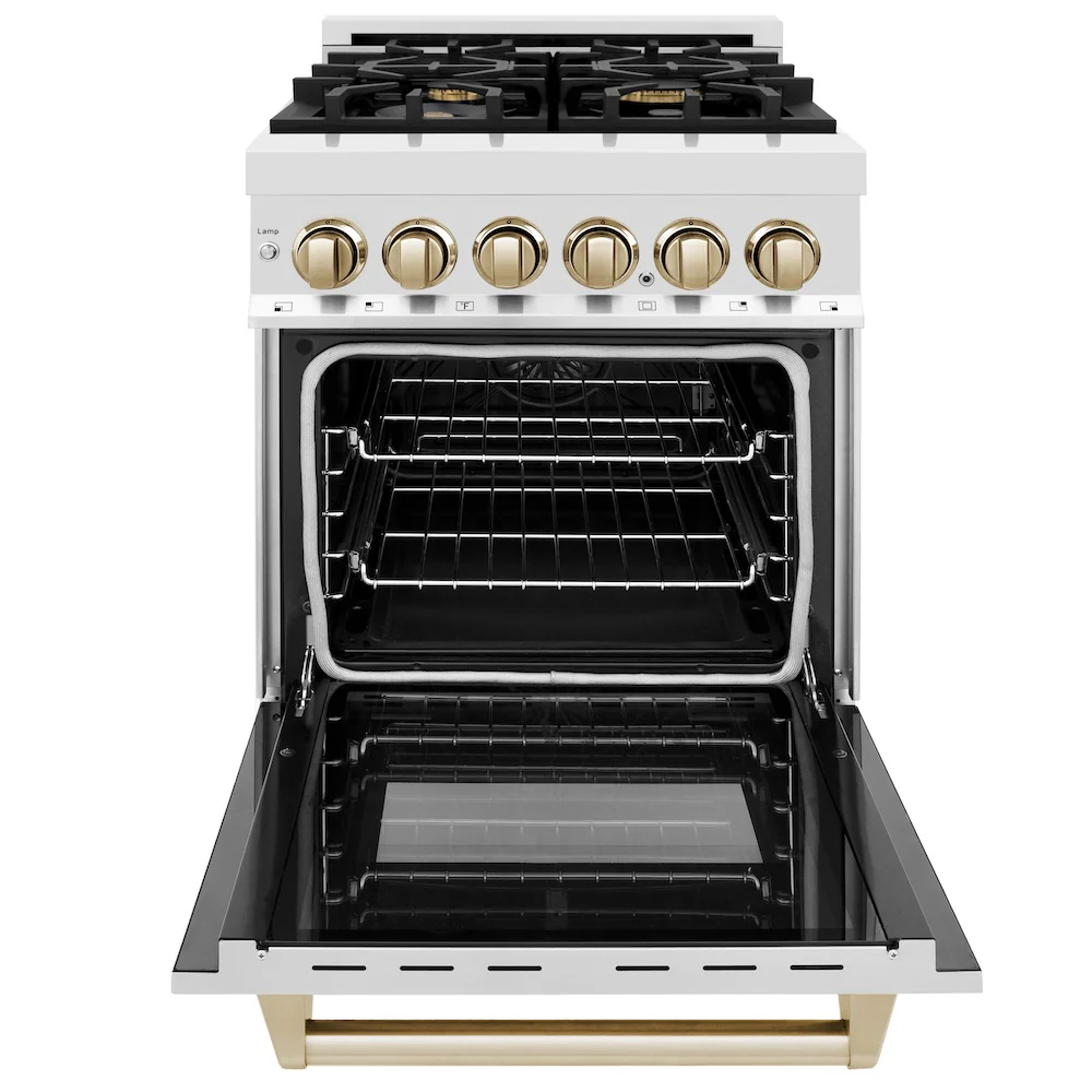 ZLINE Autograph Edition 24 in. 2.8 cu. ft. Legacy Dual Fuel Range with 4 Burner Gas Cooktop and Electric Convection Oven in Stainless Steel and Polished Gold Accents (RAZ-24-G) - Image 3