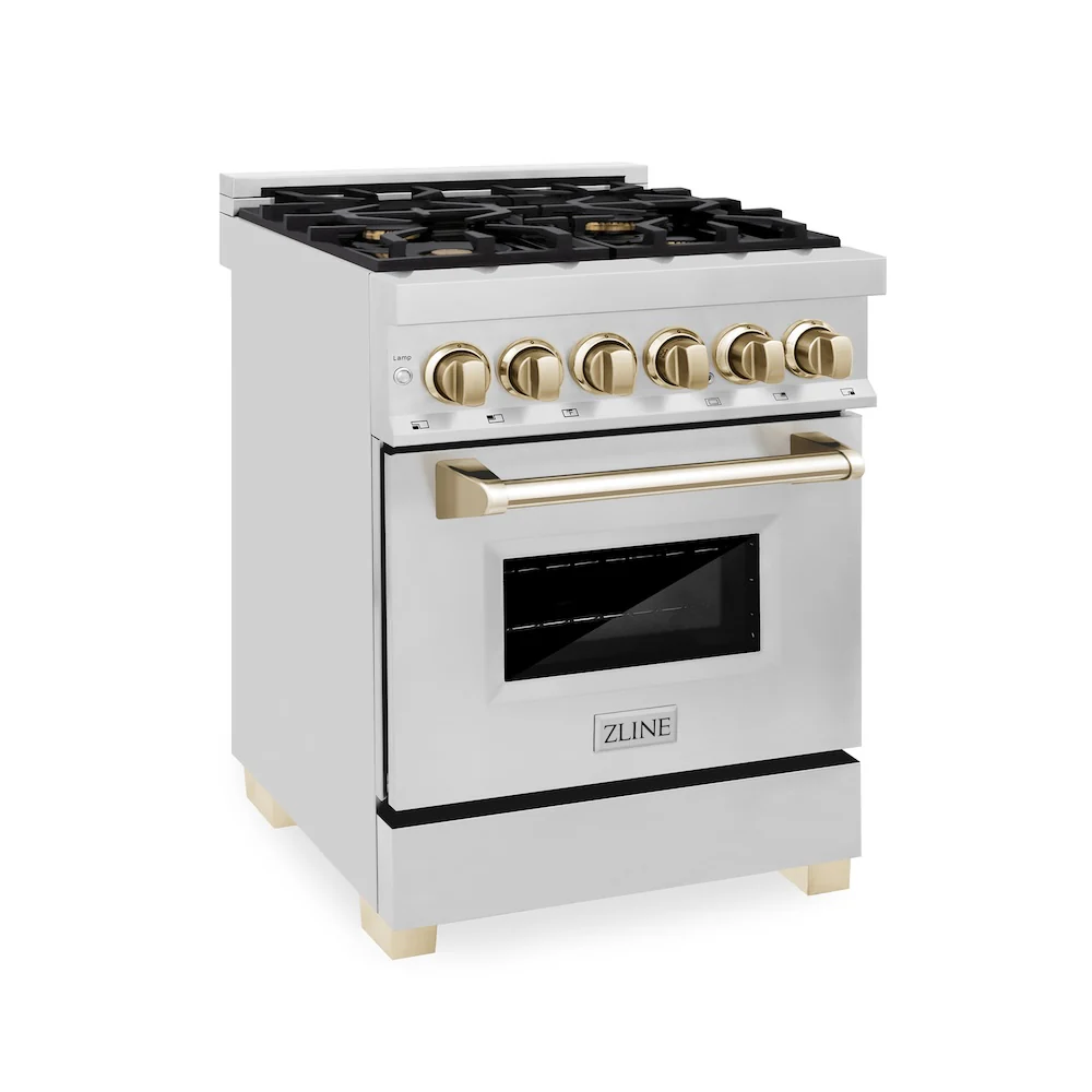 ZLINE Autograph Edition 24 in. 2.8 cu. ft. Legacy Dual Fuel Range with 4 Burner Gas Cooktop and Electric Convection Oven in Stainless Steel and Polished Gold Accents (RAZ-24-G) - Image 4