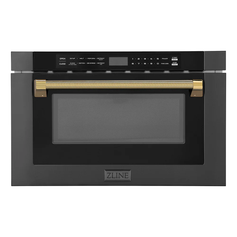 ZLINE Autograph Edition 24 in. 1.2 cu. ft. Built-in Microwave Drawer in Black Stainless Steel and Polished Gold Helix Handle (MWDZ-1-BS-H-KG)