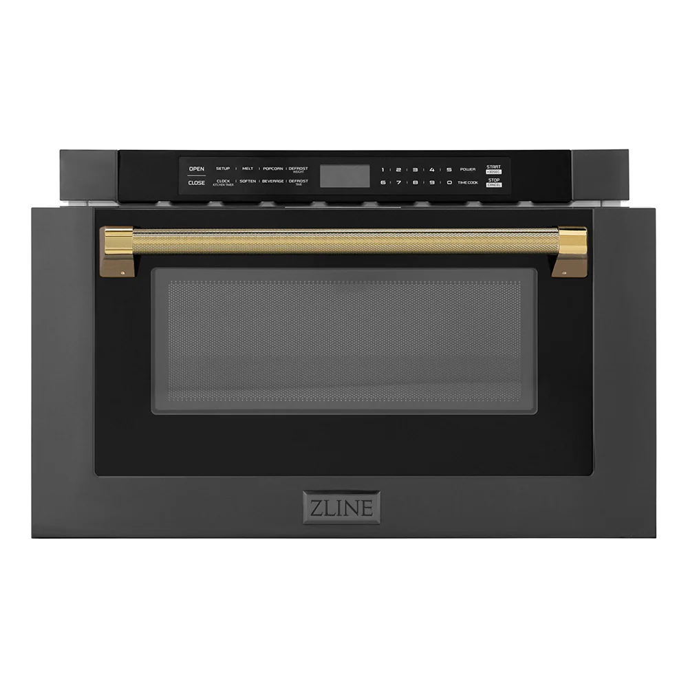 ZLINE Autograph Edition 24 in. 1.2 cu. ft. Built-in Microwave Drawer in Black Stainless Steel and Polished Gold Helix Handle (MWDZ-1-BS-H-KG) - Image 5