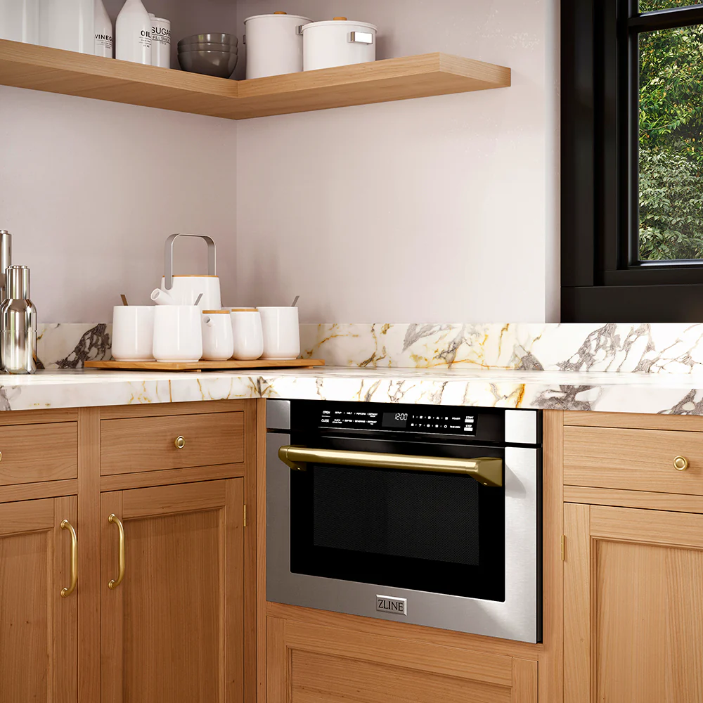 ZLINE Autograph Edition 24 in. 1.2 cu. ft. Built-in Microwave Drawer with a Traditional Handle in Stainless Steel and Champagne Bronze Accents (MWDZ-1-H-CB) - Image 10