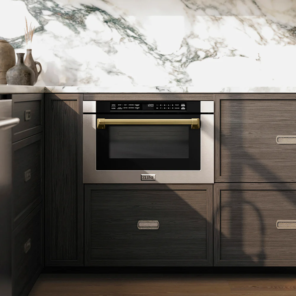 ZLINE Autograph Edition 24 in. 1.2 cu. ft. Built-in Microwave Drawer with a Traditional Handle in Stainless Steel and Champagne Bronze Accents (MWDZ-1-H-CB) - Image 11
