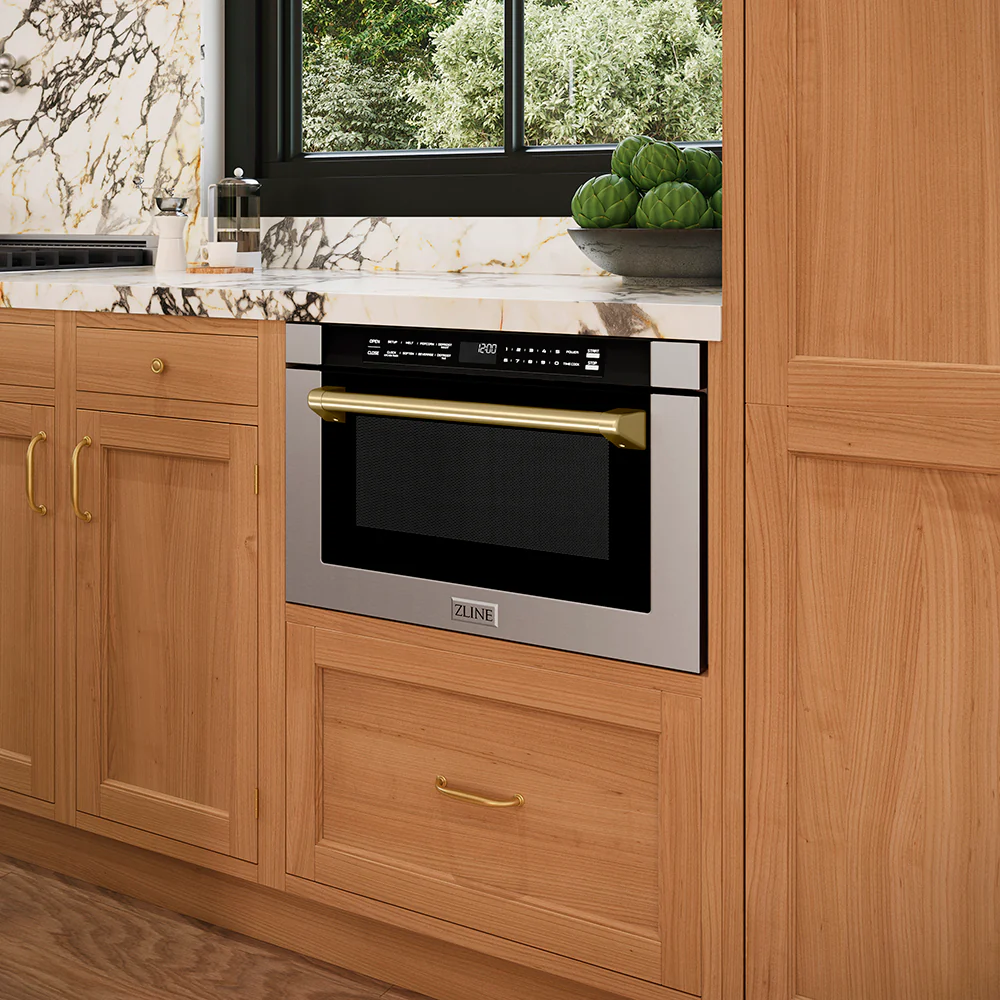 ZLINE Autograph Edition 24 in. 1.2 cu. ft. Built-in Microwave Drawer with a Traditional Handle in Stainless Steel and Champagne Bronze Accents (MWDZ-1-H-CB) - Image 9