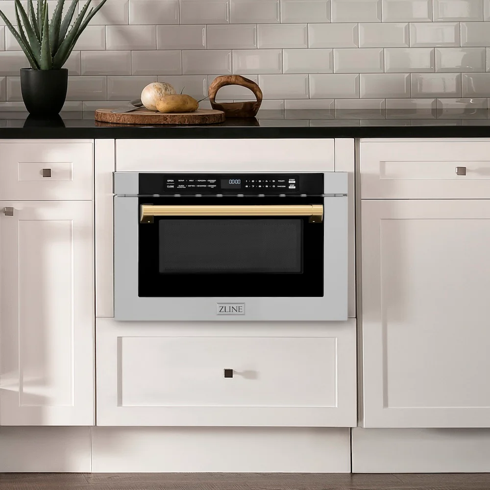 ZLINE Autograph Edition 24 in. 1.2 cu. ft. Built-in Microwave Drawer with a Traditional Handle in Stainless Steel and Polished Gold Accents (MWDZ-1-H-G) - Image 2