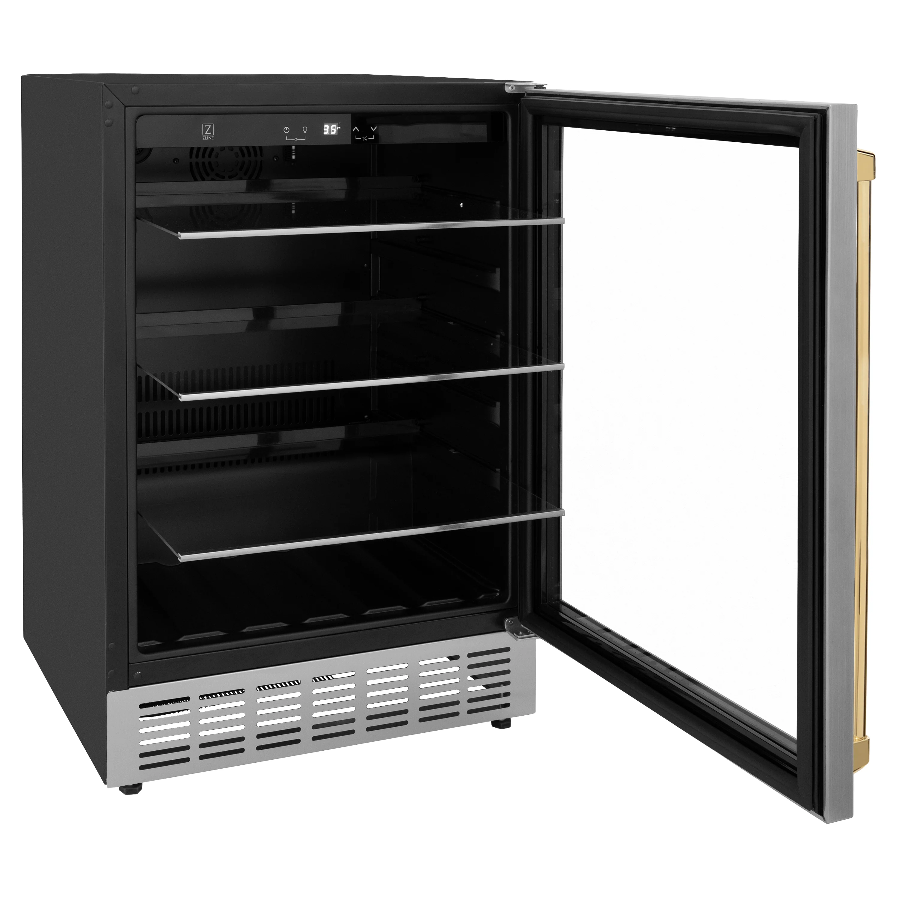 ZLINE 24" Autograph Edition 154 Can Beverage Cooler Fridge with Adjustable Shelves in Stainless Steel with Polished Gold  Accents (RBVZ-US-24-G) - Image 4