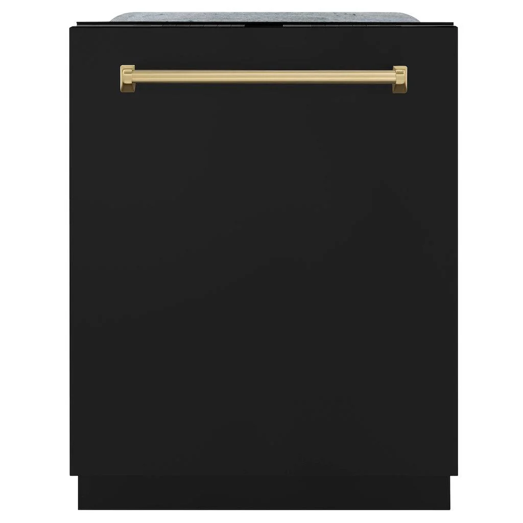 ZLINE Autograph Edition 24 in. Monument Series 3rd Rack Top Touch Control Tall Tub Dishwasher in Black Matte with Champagne Bronze Handle, 45dBa (DWMTZ-BLM-24-CB)