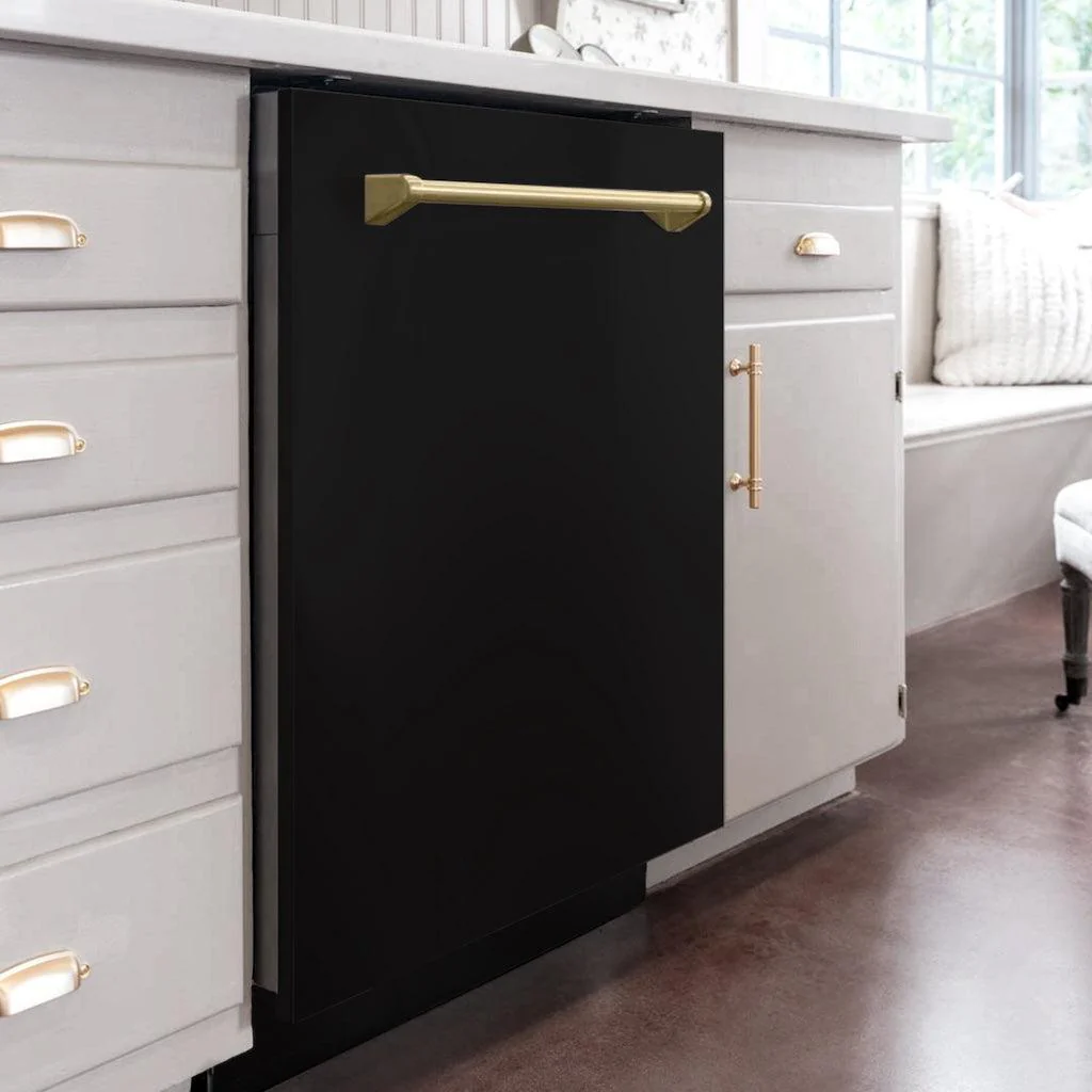 ZLINE Autograph Edition 24 in. Monument Series 3rd Rack Top Touch Control Tall Tub Dishwasher in Black Matte with Champagne Bronze Handle, 45dBa (DWMTZ-BLM-24-CB) - Image 2
