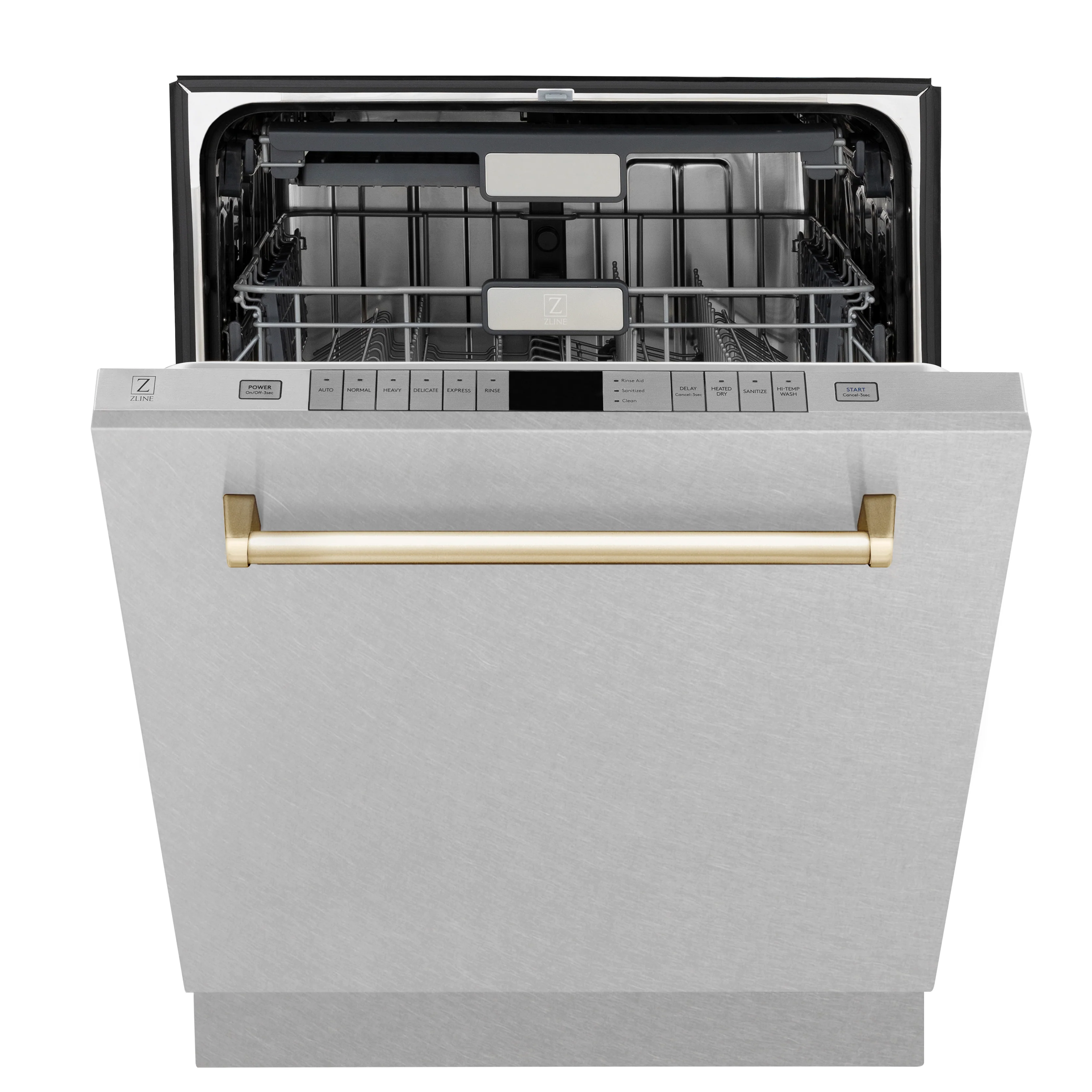ZLINE Autograph Edition 24" Monument Series 3rd Rack Top Touch Control Tall Tub Dishwasher in Fingerprint Resistant Stainless Steel with Polished Gold Handle, 45dBa (DWMTZ-SN-24-G) - Image 4