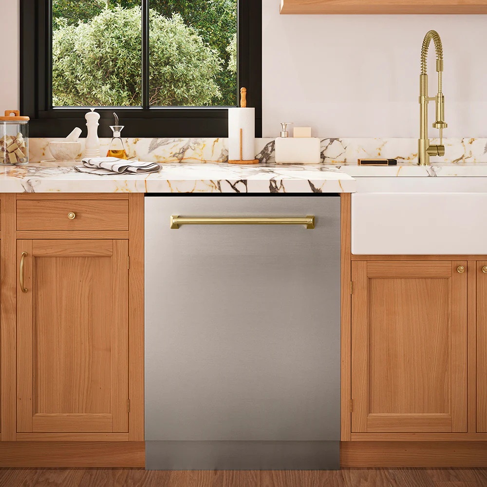 ZLINE Autograph Edition 24 in. Monument Series 3rd Rack Top Touch Control Tall Tub Dishwasher in Stainless Steel with Champagne Bronze Handle, 45dBa (DWMTZ-304-24-CB) - Image 2