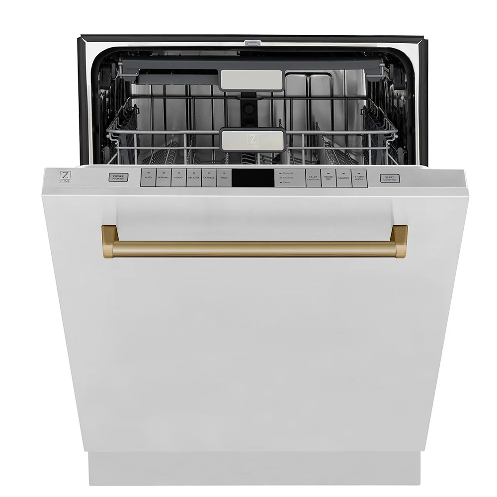 ZLINE Autograph Edition 24 in. Monument Series 3rd Rack Top Touch Control Tall Tub Dishwasher in Stainless Steel with Champagne Bronze Handle, 45dBa (DWMTZ-304-24-CB) - Image 4