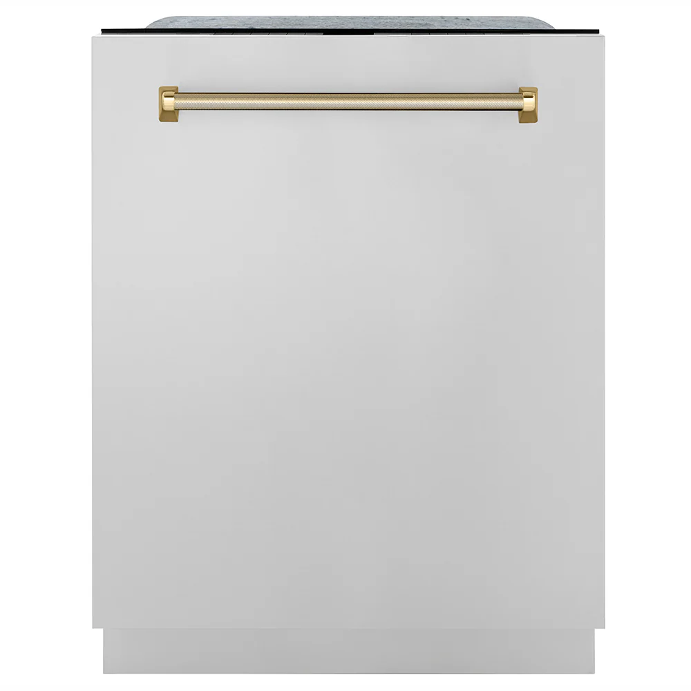 ZLINE Autograph Edition 24 in. Monument Series 3rd Rack Top Touch Control Tall Tub Dishwasher in Stainless Steel with Polished Gold Helix Handle, 45dBa (DWMTZ-30424-KG)
