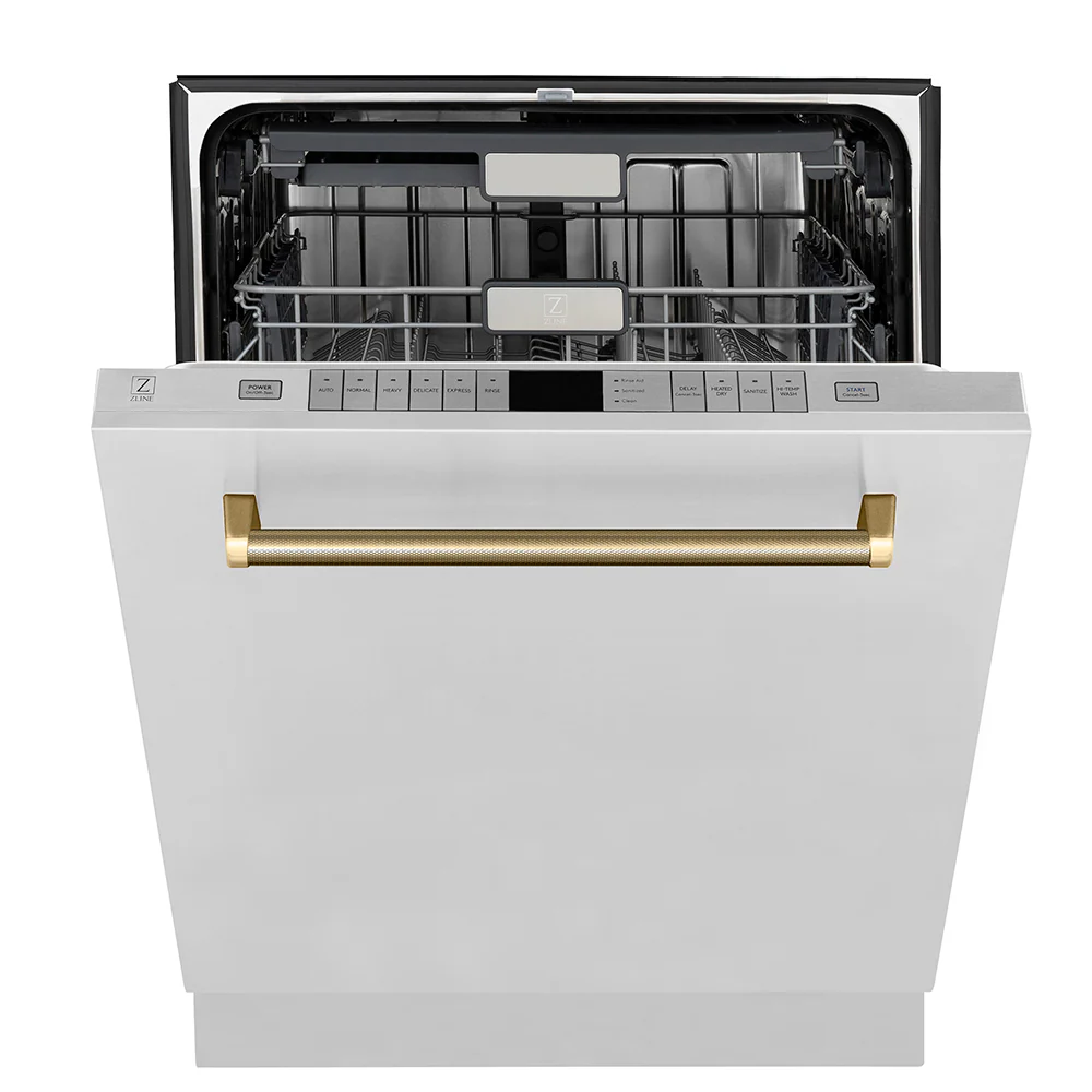 ZLINE Autograph Edition 24 in. Monument Series 3rd Rack Top Touch Control Tall Tub Dishwasher in Stainless Steel with Polished Gold Helix Handle, 45dBa (DWMTZ-30424-KG) - Image 3