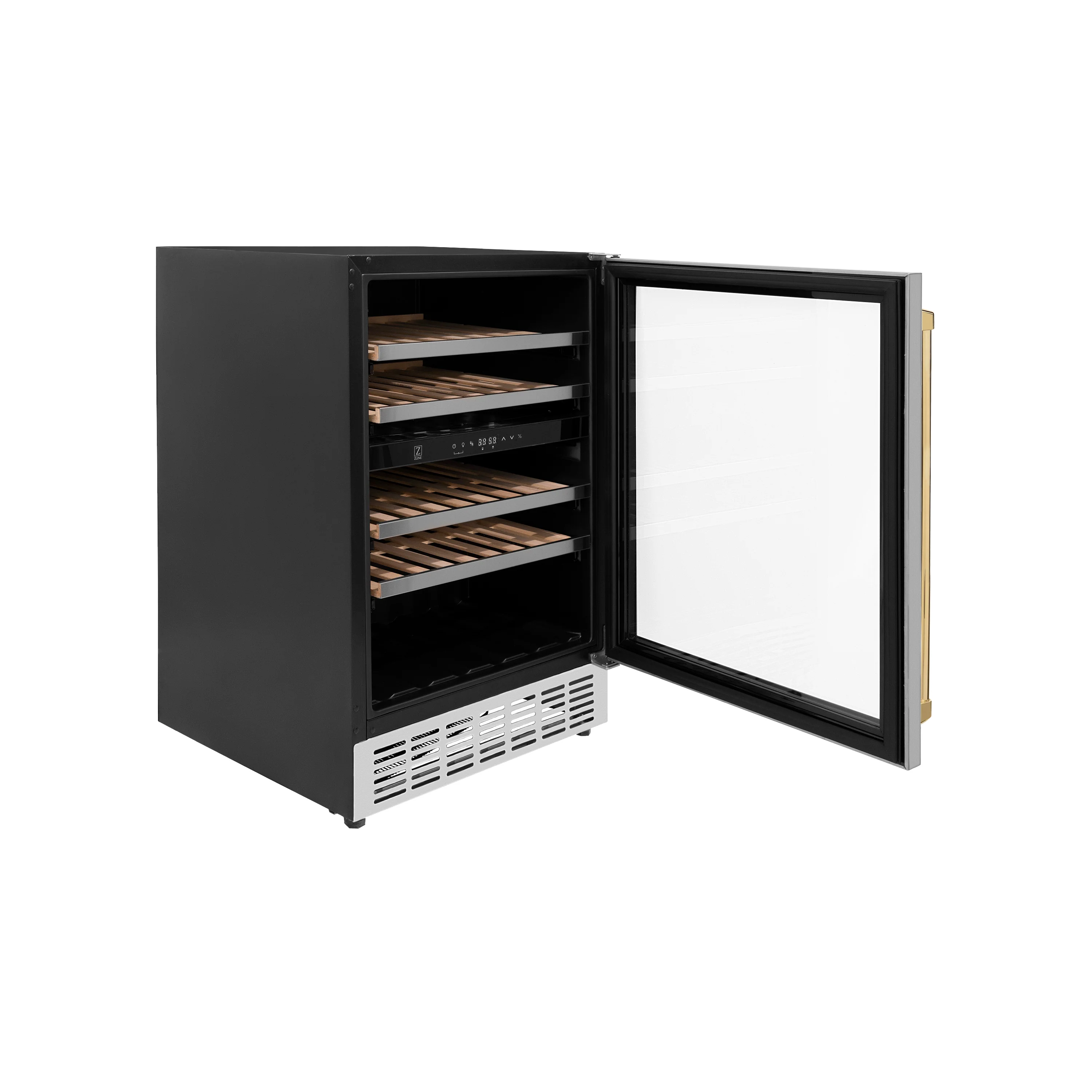 ZLINE 24" Autograph Edition Dual Zone 44-Bottle Wine Cooler in Stainless Steel with Wood Shelf and Polished Gold  Accents (RWVZ-UD-24-G) - Image 4