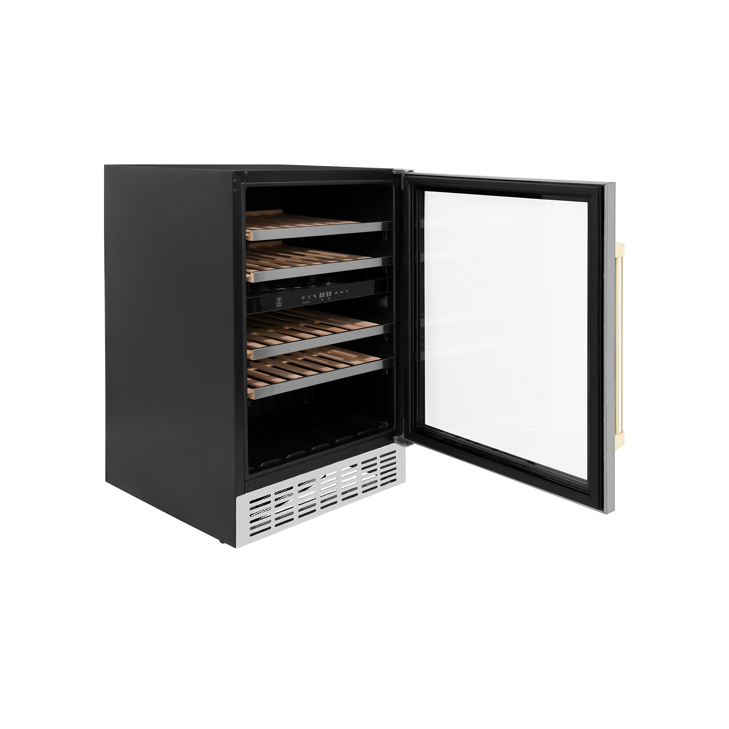 ZLINE 24" Autograph Edition Dual Zone 44-Bottle Wine Cooler in Stainless Steel with Wood Shelf and Polished Gold  Accents (RWVZ-UD-24-G) - Image 6