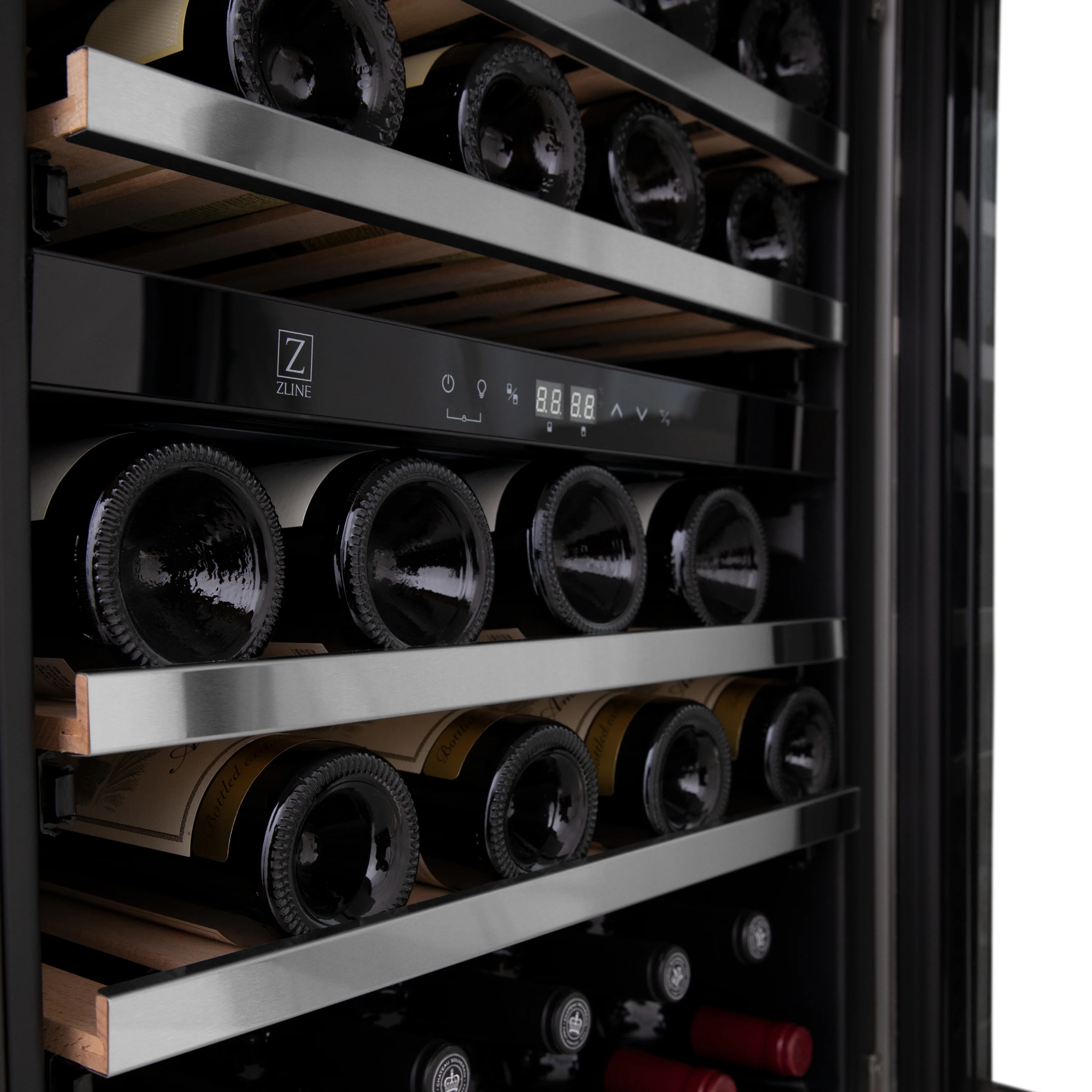 ZLINE 24" Autograph Edition Dual Zone 44-Bottle Wine Cooler in Stainless Steel with Wood Shelf and Polished Gold  Accents (RWVZ-UD-24-G) - Image 9