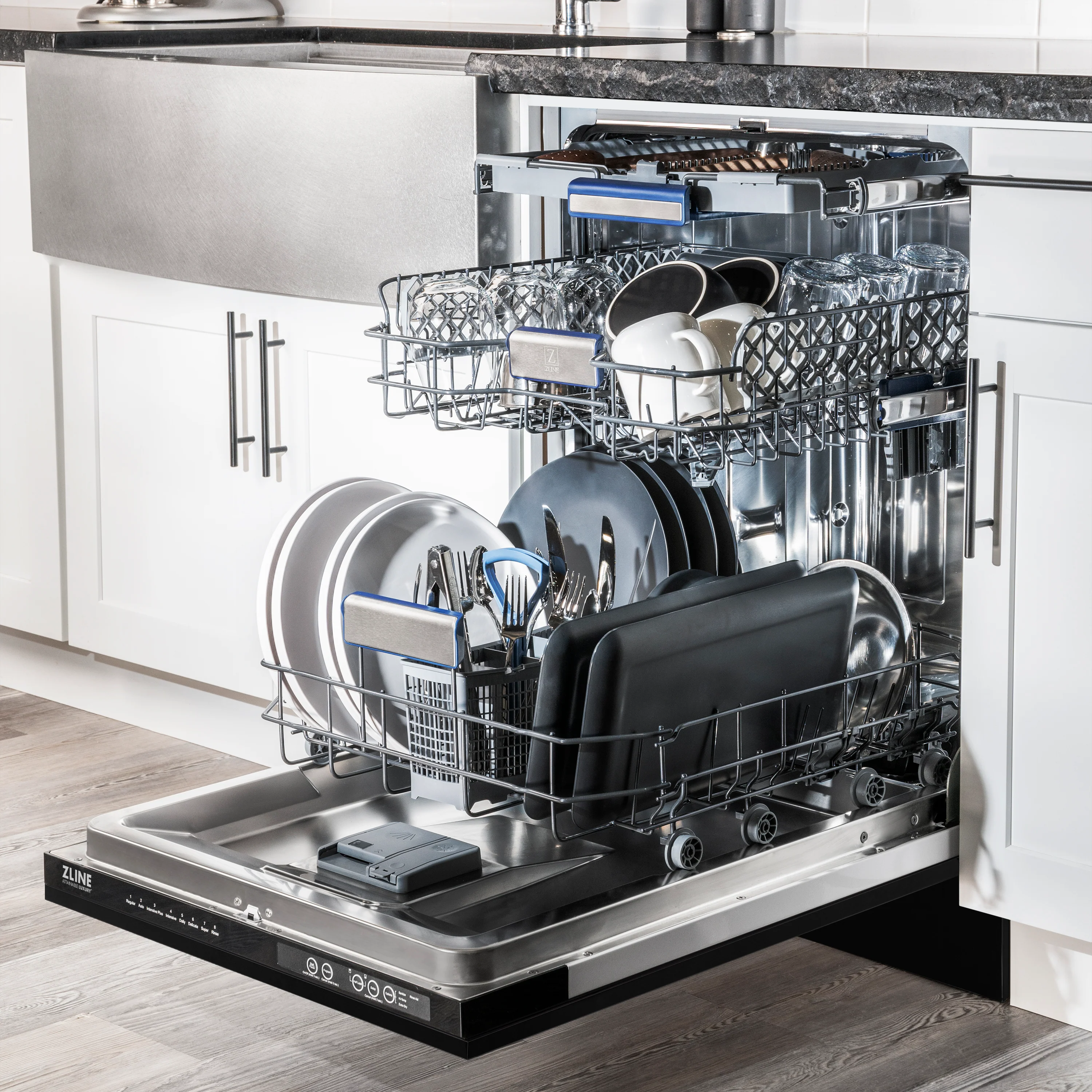 ZLINE Autograph Edition 24" Tallac Series 3rd Rack Top Control Built-In Tall Tub Dishwasher in Black Stainless Steel with Polished Gold Handle, 51dBa (DWVZ-BS-24-G) - Image 2