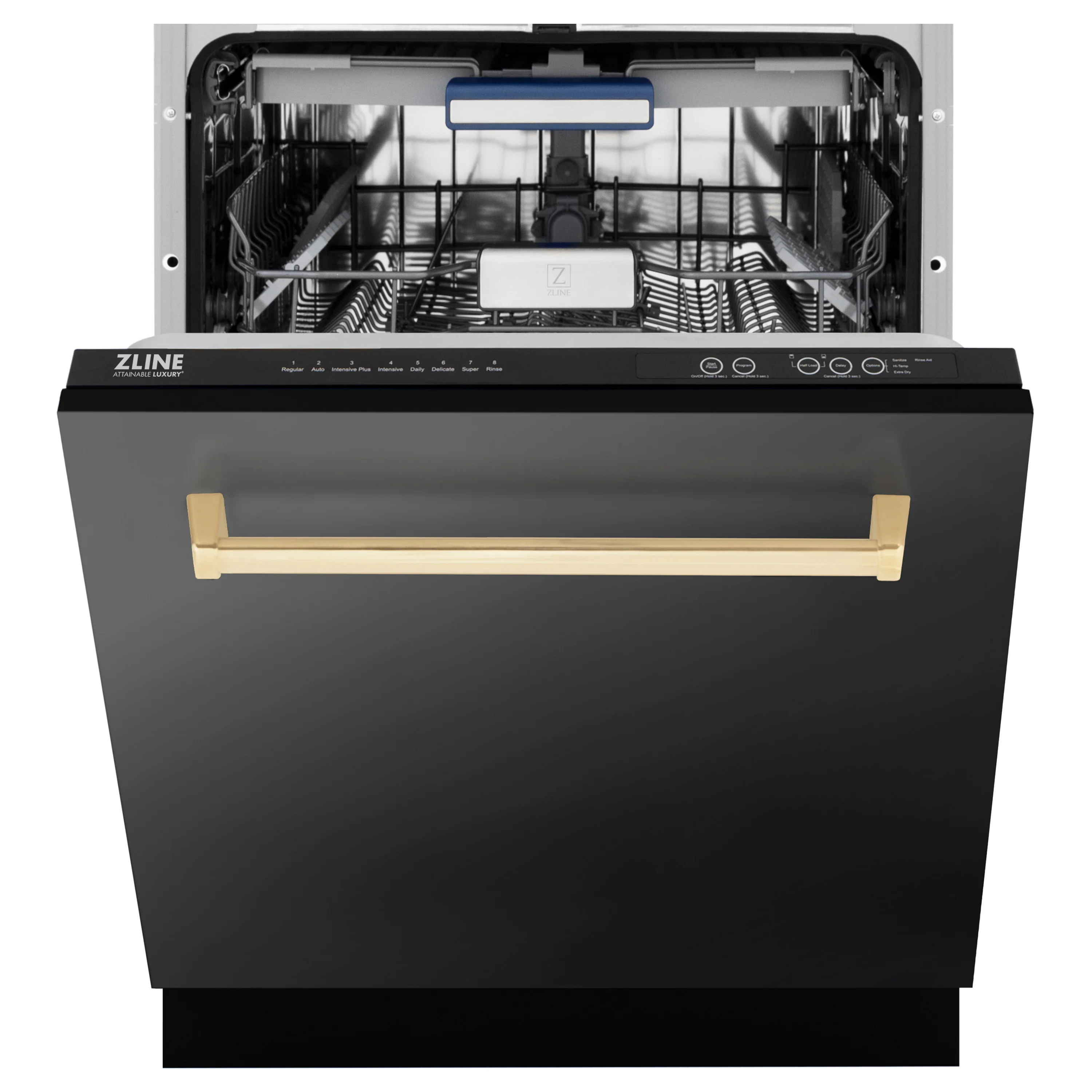 ZLINE Autograph Edition 24" Tallac Series 3rd Rack Top Control Built-In Tall Tub Dishwasher in Black Stainless Steel with Polished Gold Handle, 51dBa (DWVZ-BS-24-G) - Image 7