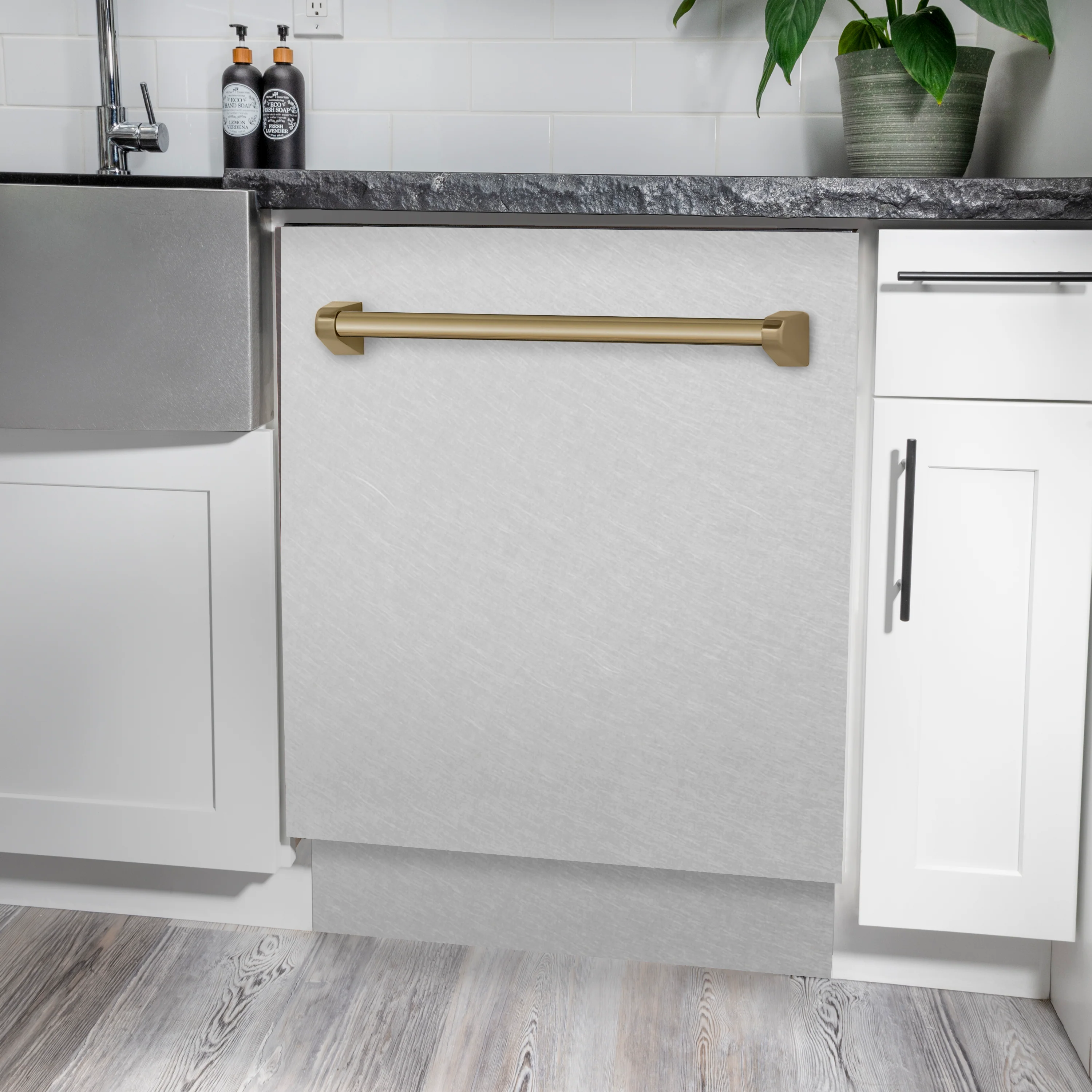 ZLINE Autograph Edition 24 in. Tallac Series 3rd Rack Top Control Built-In Tall Tub Dishwasher with Satin Stainless Steel Panel and Champagne Bronze Handle, 51dBa (DWVZ-SN-24-CB) - Image 2