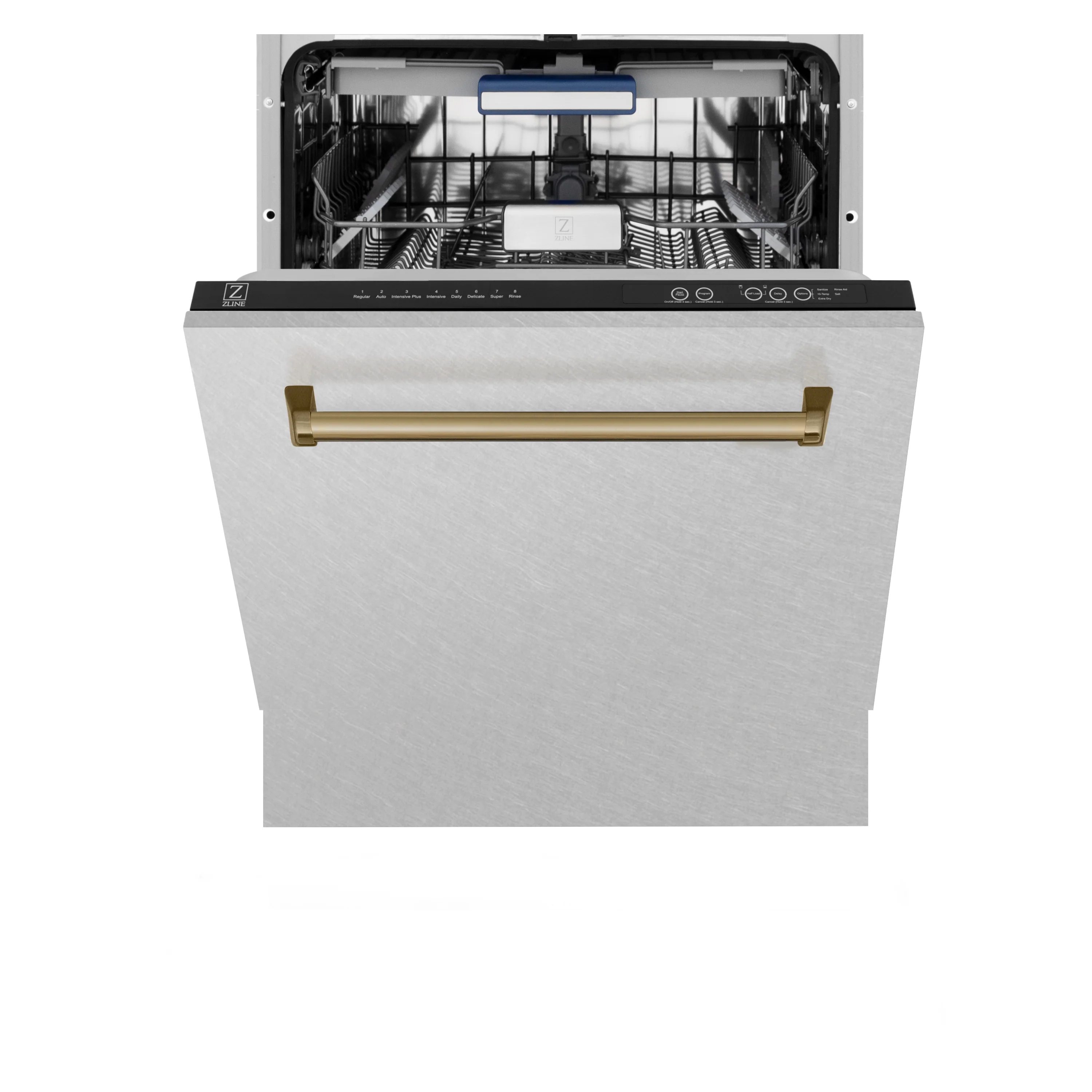 ZLINE Autograph Edition 24 in. Tallac Series 3rd Rack Top Control Built-In Tall Tub Dishwasher with Satin Stainless Steel Panel and Champagne Bronze Handle, 51dBa (DWVZ-SN-24-CB) - Image 4