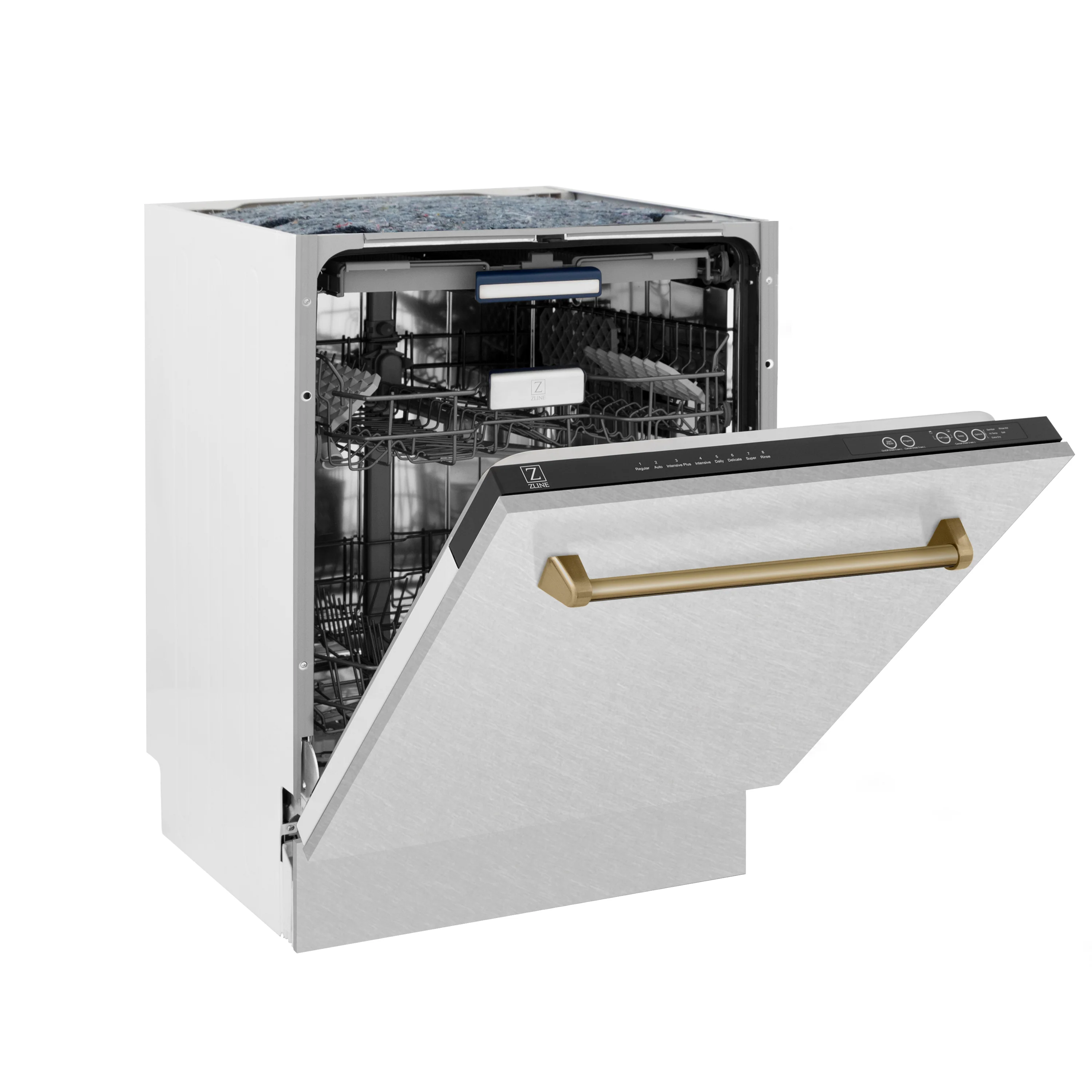 ZLINE Autograph Edition 24 in. Tallac Series 3rd Rack Top Control Built-In Tall Tub Dishwasher with Satin Stainless Steel Panel and Champagne Bronze Handle, 51dBa (DWVZ-SN-24-CB) - Image 5