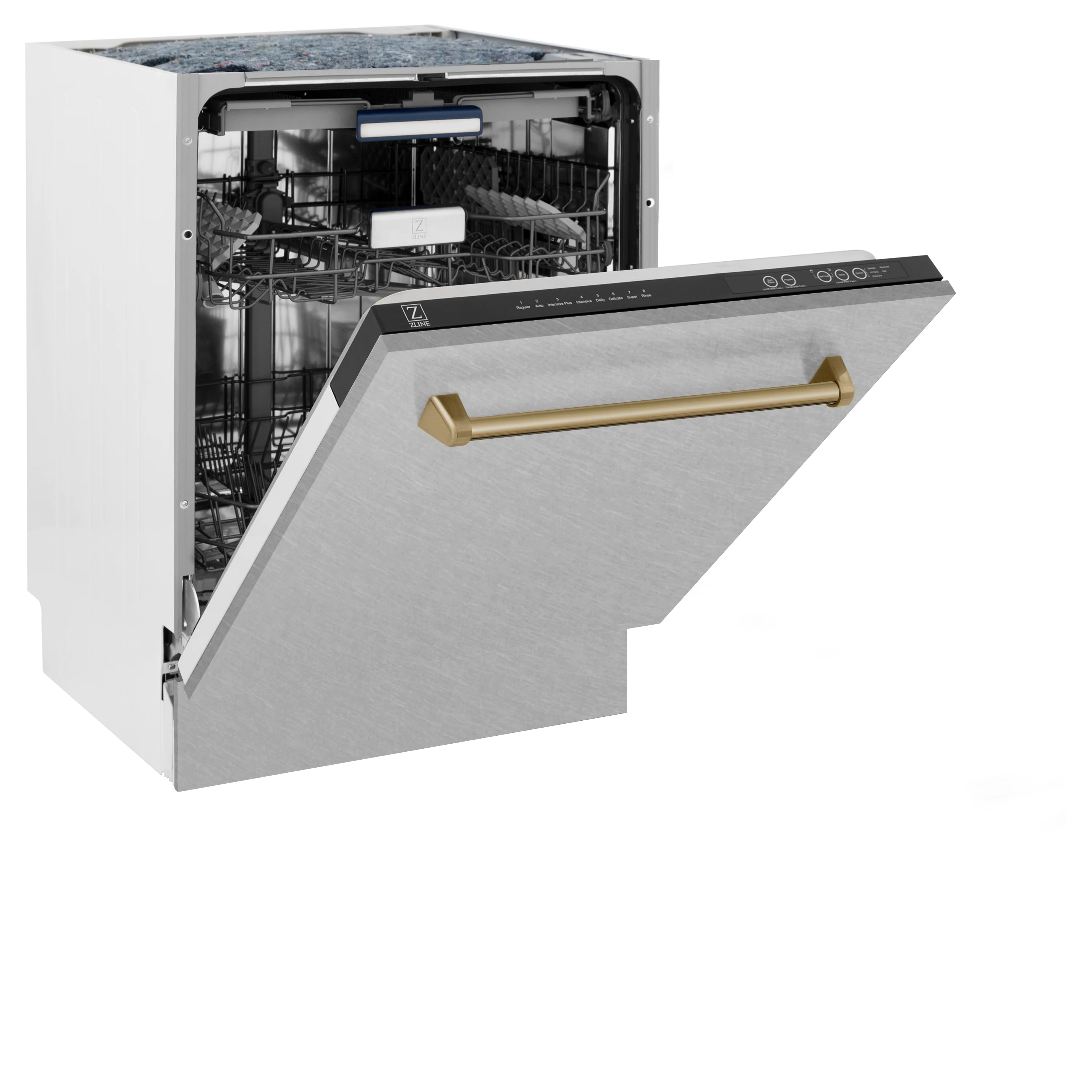 ZLINE Autograph Edition 24 in. Tallac Series 3rd Rack Top Control Built-In Tall Tub Dishwasher with Satin Stainless Steel Panel and Champagne Bronze Handle, 51dBa (DWVZ-SN-24-CB) - Image 6
