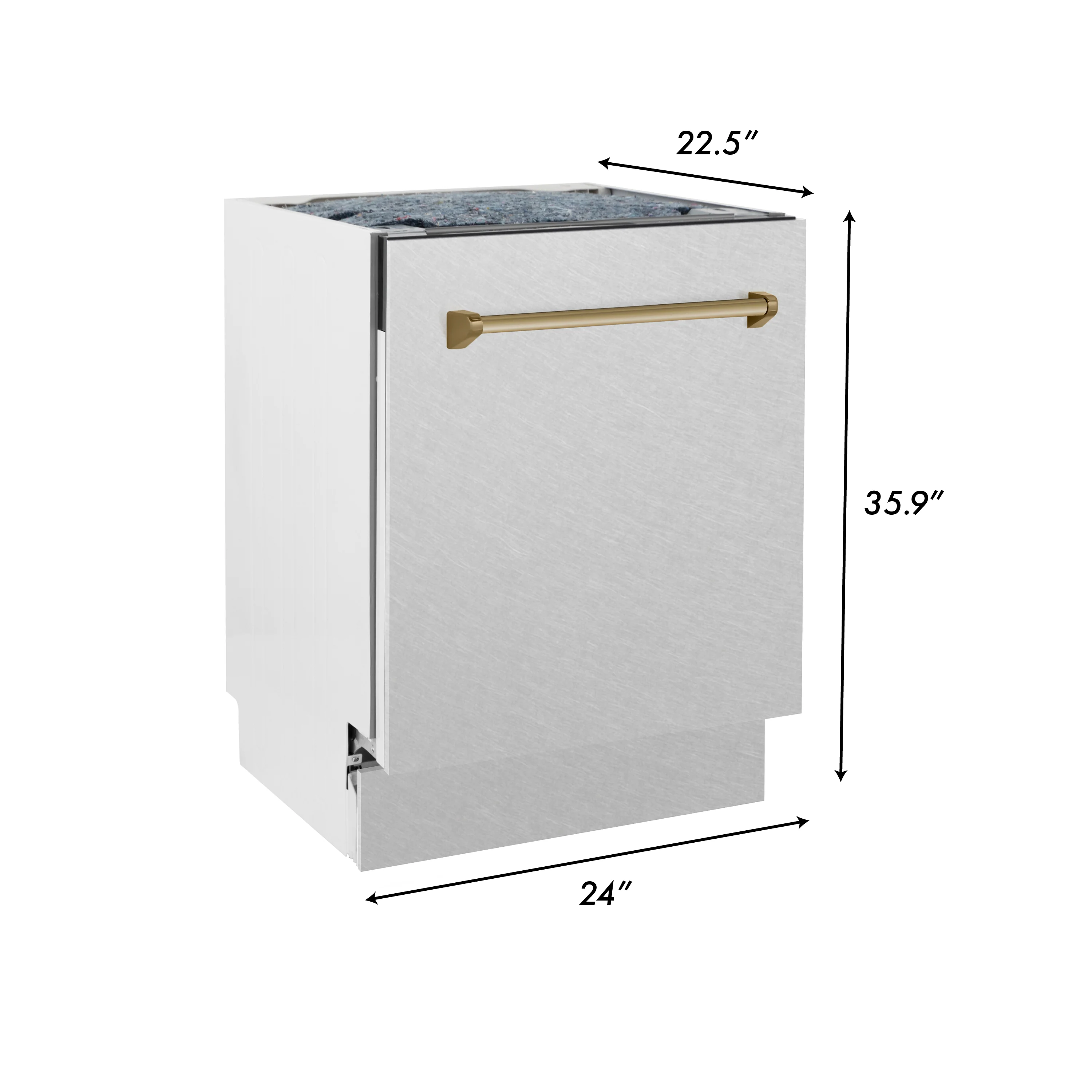 ZLINE Autograph Edition 24 in. Tallac Series 3rd Rack Top Control Built-In Tall Tub Dishwasher with Satin Stainless Steel Panel and Champagne Bronze Handle, 51dBa (DWVZ-SN-24-CB) - Image 7