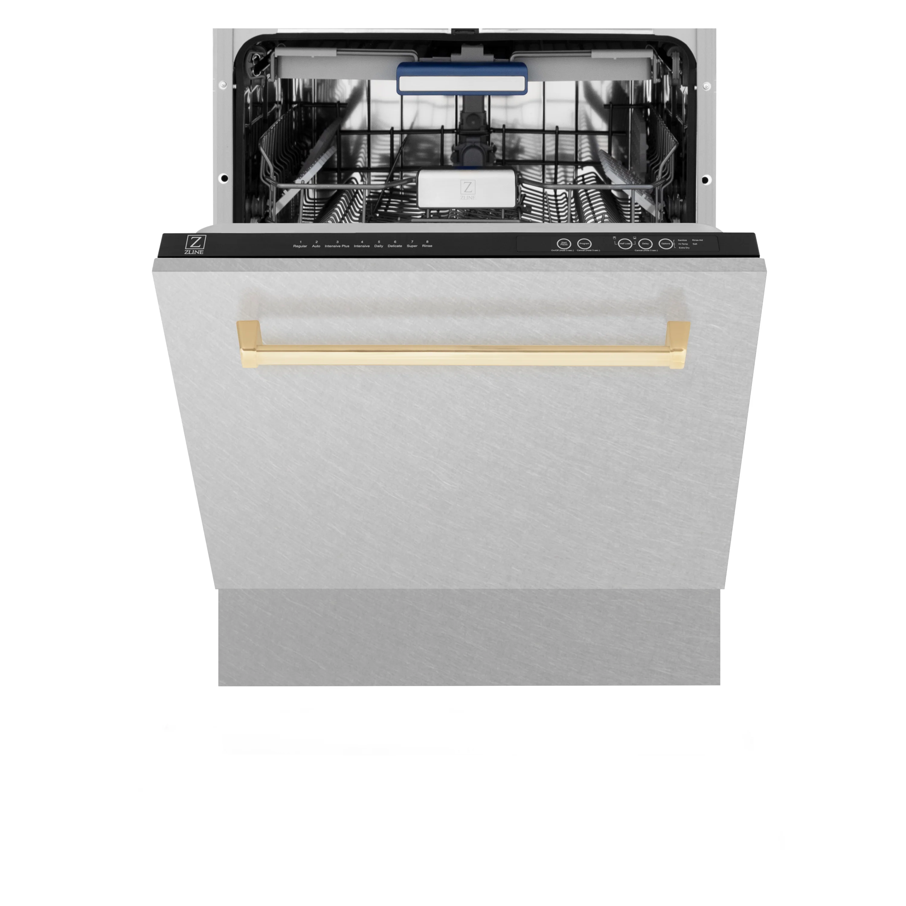 ZLINE Autograph Edition 24 in. Tallac Series 3rd Rack Top Control Built-In Tall Tub Dishwasher with Satin Stainless Steel Panel and Polished Gold Handle, 51dBa (DWVZ-SN-24-G) - Image 4