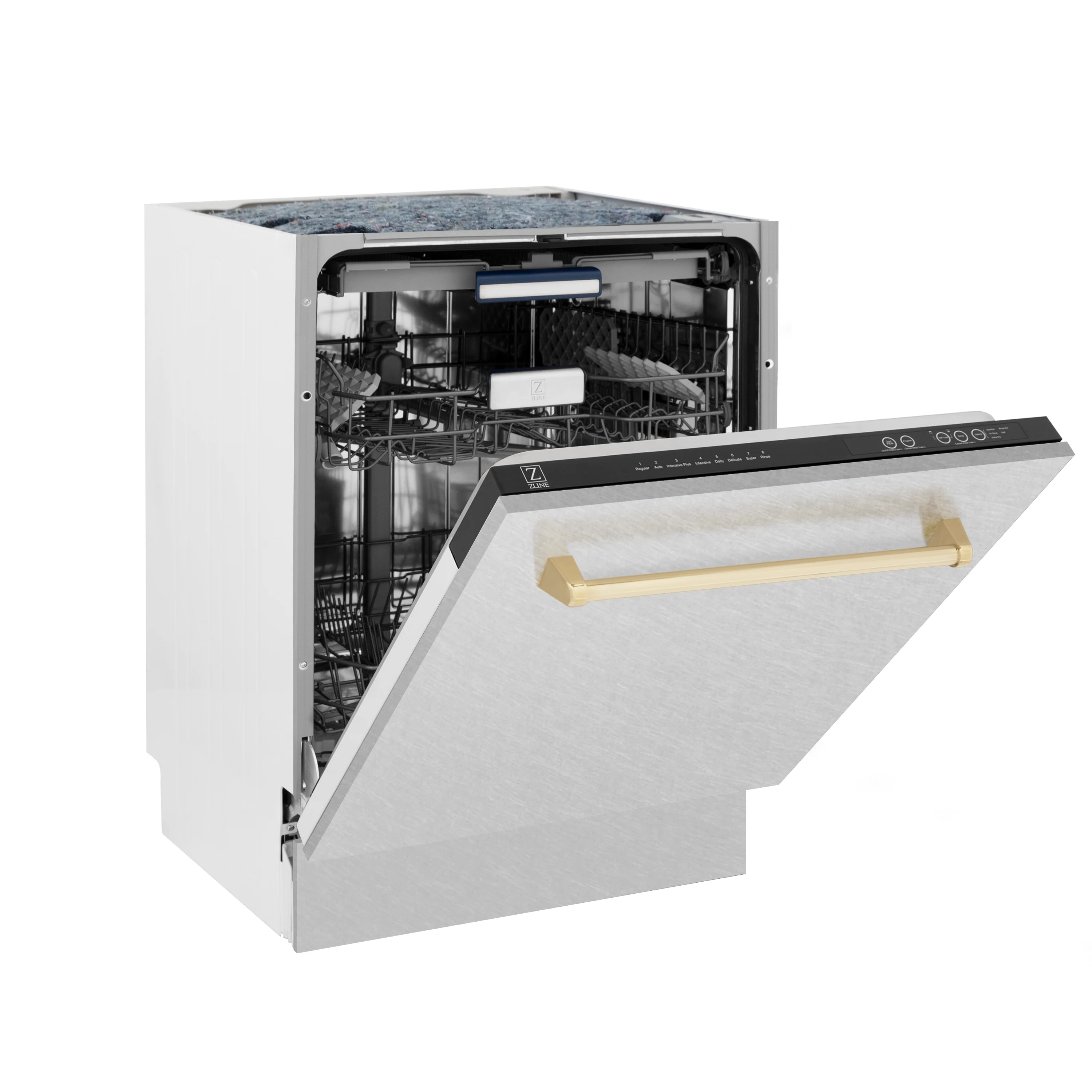 ZLINE Autograph Edition 24 in. Tallac Series 3rd Rack Top Control Built-In Tall Tub Dishwasher with Satin Stainless Steel Panel and Polished Gold Handle, 51dBa (DWVZ-SN-24-G) - Image 5