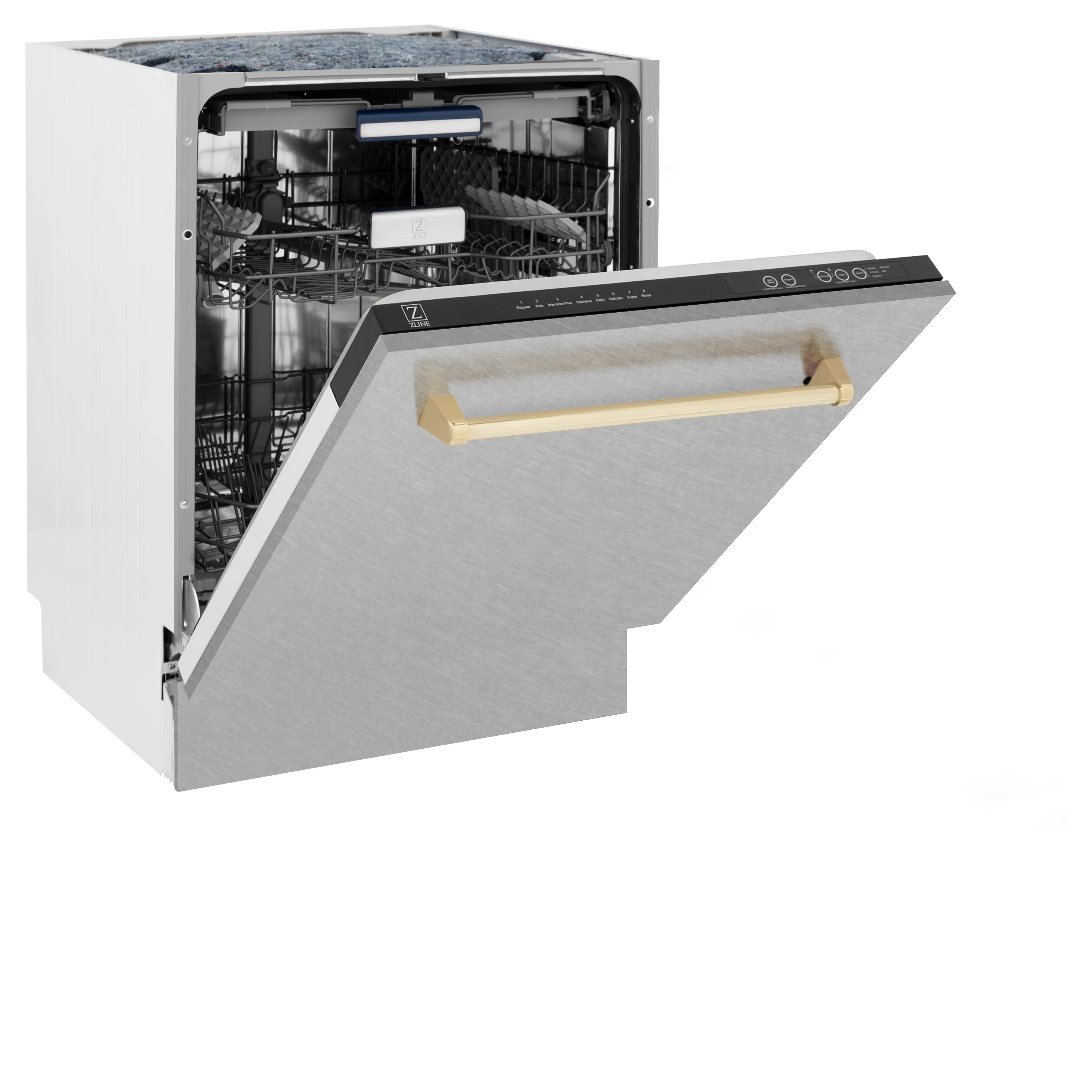 ZLINE Autograph Edition 24 in. Tallac Series 3rd Rack Top Control Built-In Tall Tub Dishwasher with Satin Stainless Steel Panel and Polished Gold Handle, 51dBa (DWVZ-SN-24-G) - Image 6