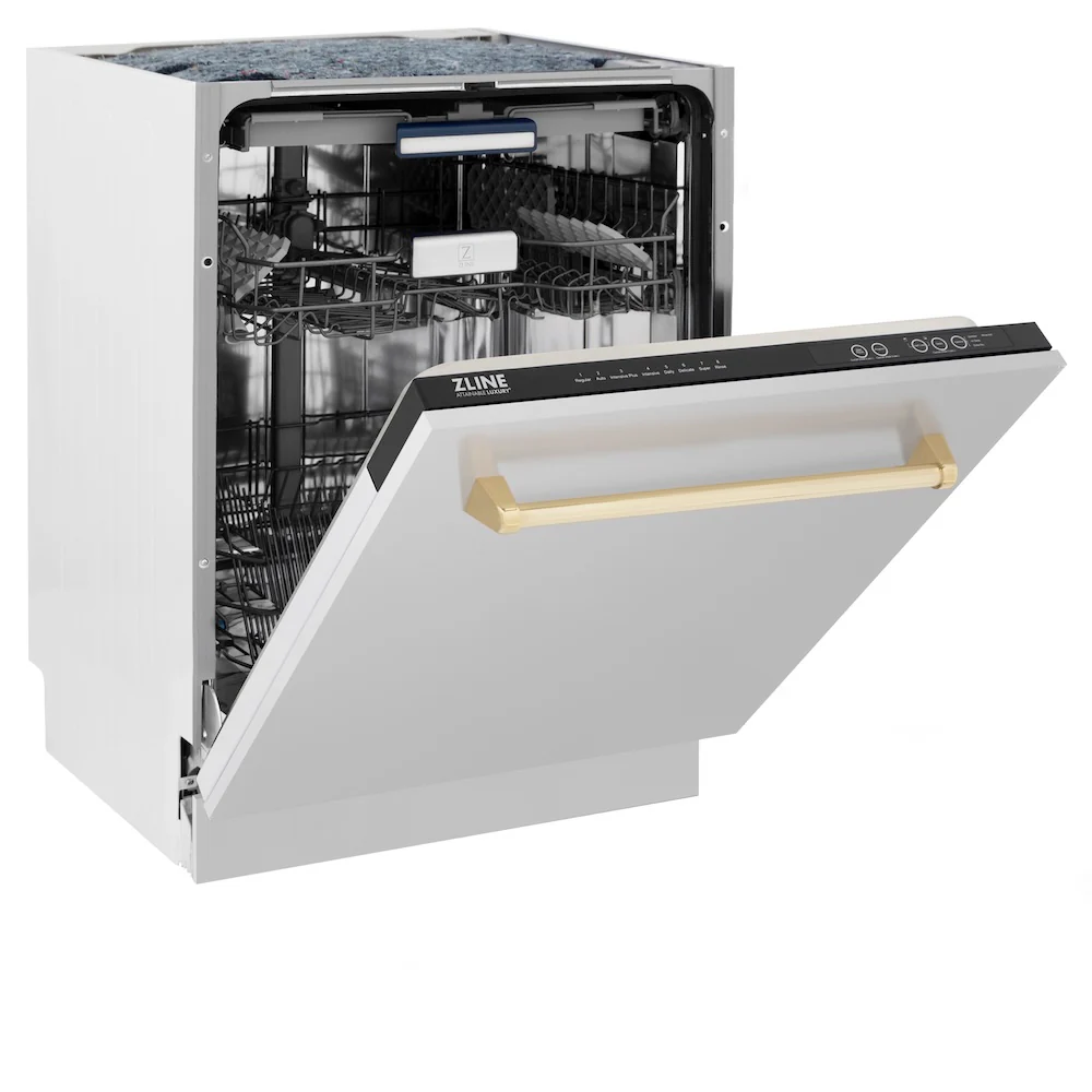 ZLINE Autograph Edition 24 in. Tallac Series 3rd Rack Top Control Built-In Tall Tub Dishwasher in Stainless Steel with Polished Gold Handle, 51dBa (DWVZ-304-24-G) - Image 7