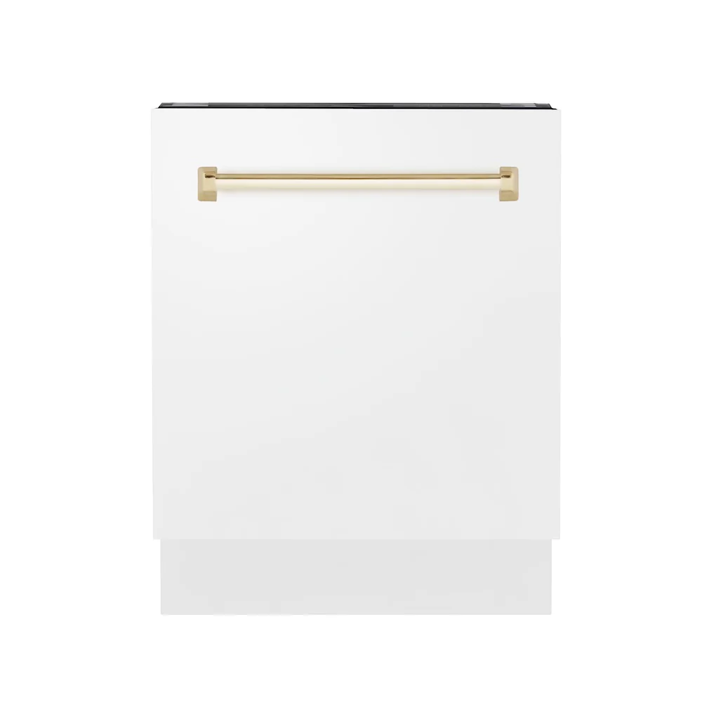 ZLINE Autograph Edition 24" Tallac Series 3rd Rack Top Control Built-In Tall Tub Dishwasher in White Matte with Polished Gold Handle, 51dBa (DWVZ-WM-24-G)