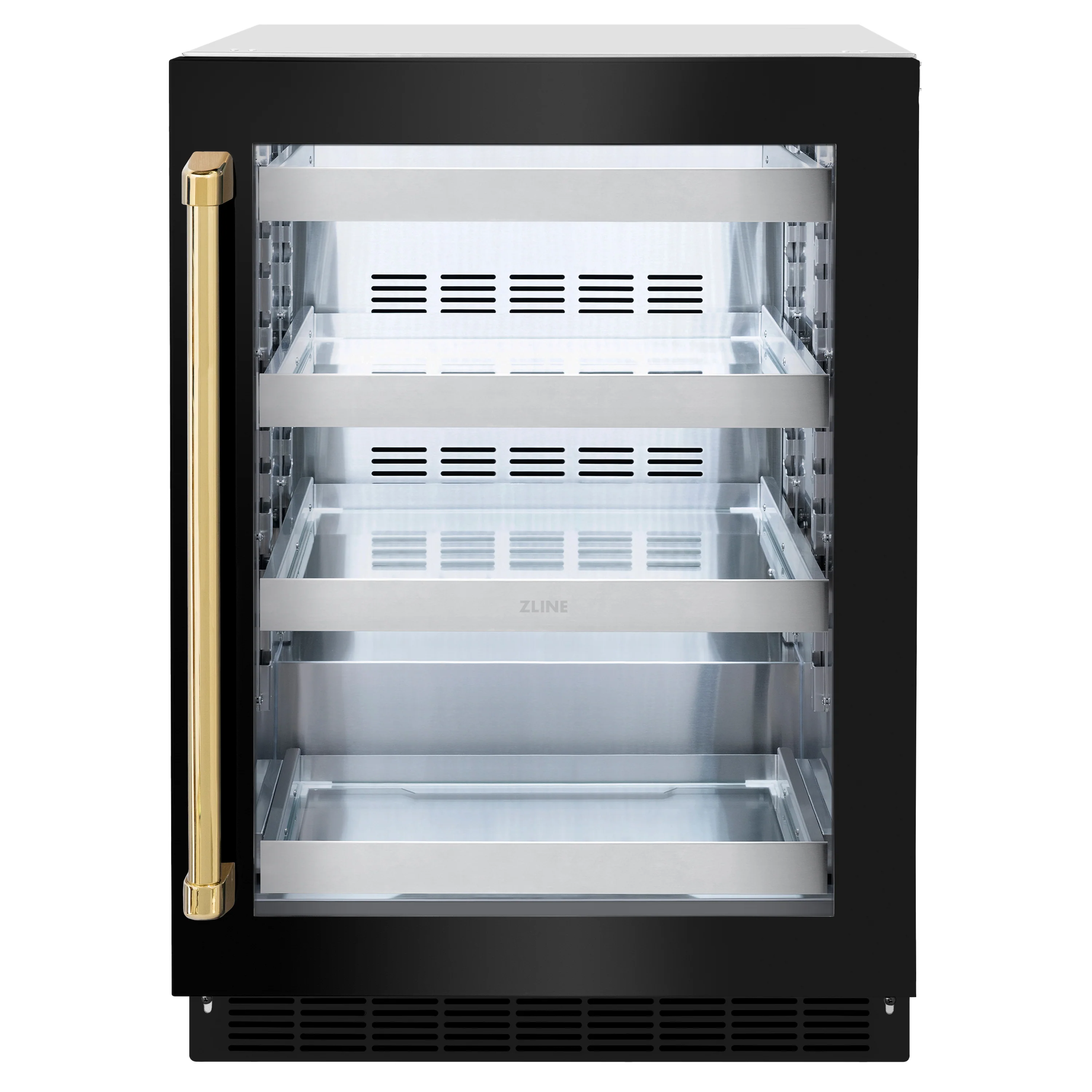 ZLINE Autograph Edition 24 in. Touchstone 151 Can Beverage Fridge With Black Stainless Steel Glass Door And Polished Gold Handle (RBSOZ-BS-24-G)