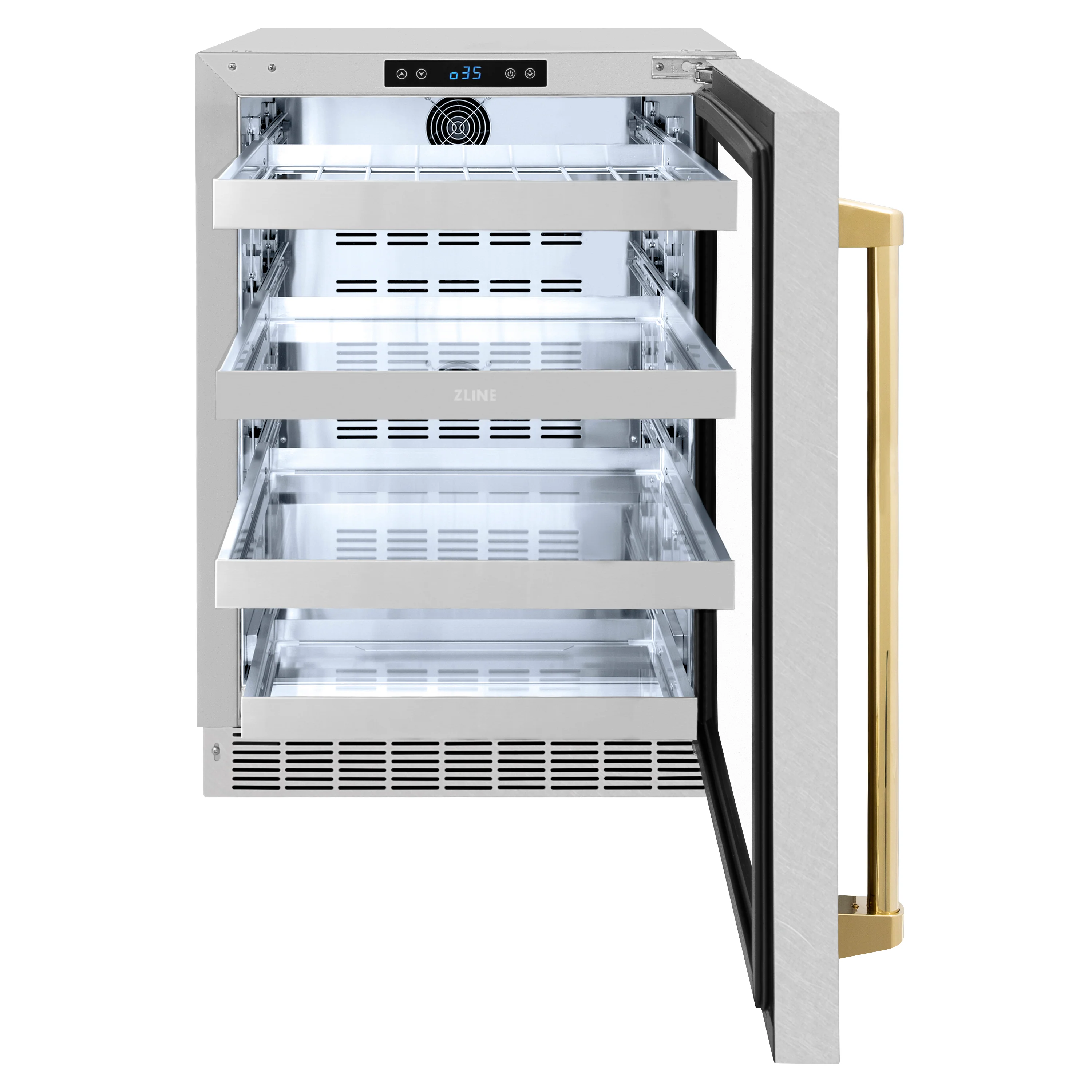 ZLINE Autograph Edition 24 in. Touchstone 151 Can Beverage Fridge With Satin Stainless Steel Glass Door And Polished Gold Handle (RBSOZ-SN-24-G) - Image 5
