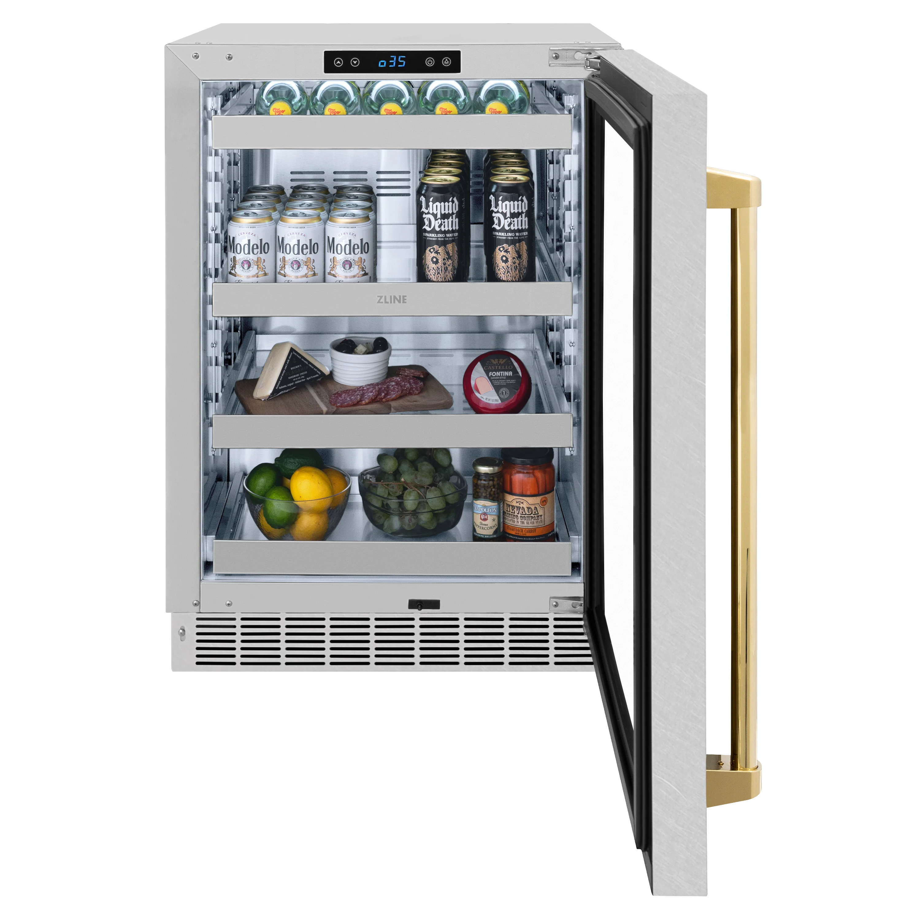 ZLINE Autograph Edition 24 in. Touchstone 151 Can Beverage Fridge With Satin Stainless Steel Glass Door And Polished Gold Handle (RBSOZ-SN-24-G) - Image 6