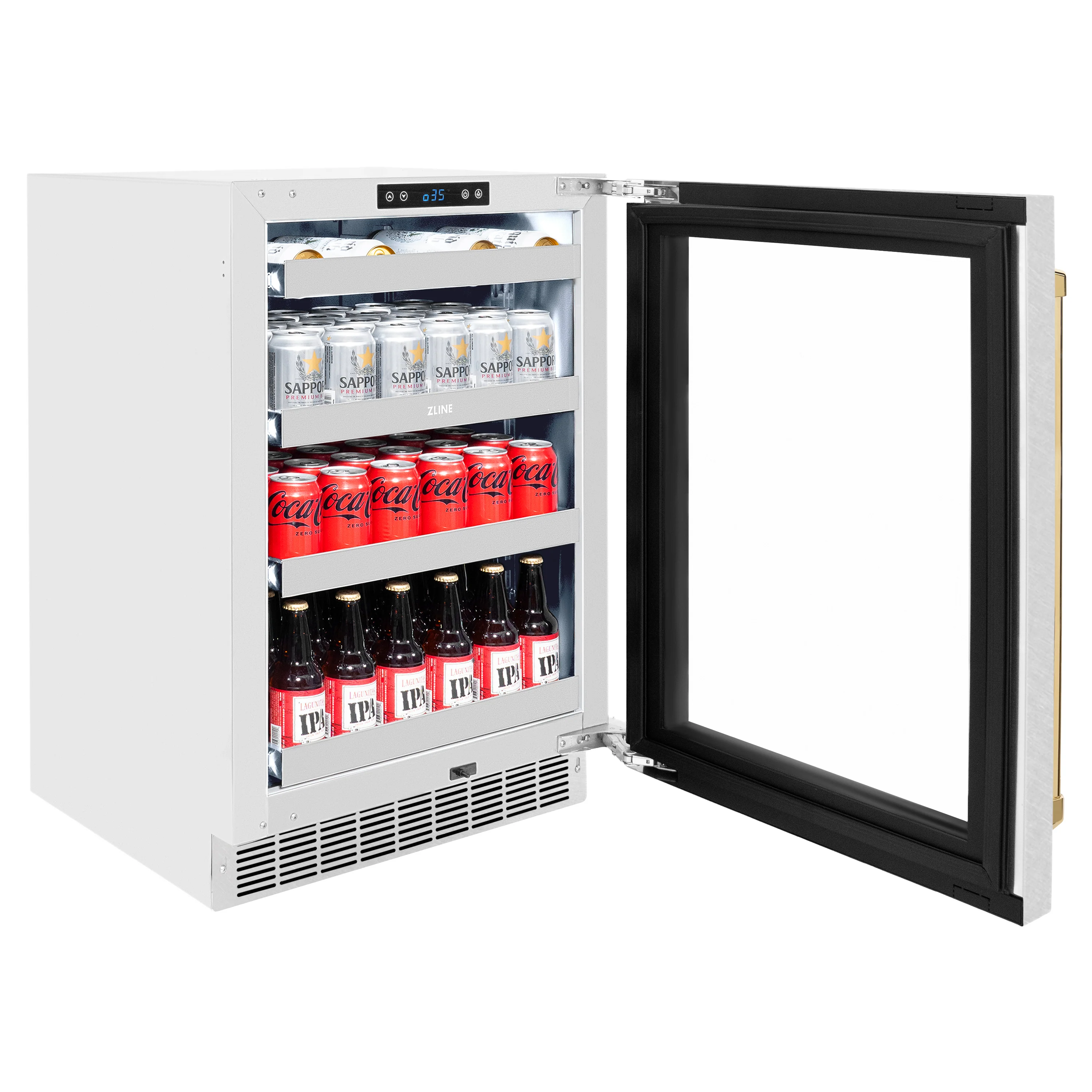 ZLINE Autograph Edition 24 in. Touchstone 151 Can Beverage Fridge With Satin Stainless Steel Glass Door And Polished Gold Handle (RBSOZ-SN-24-G) - Image 7