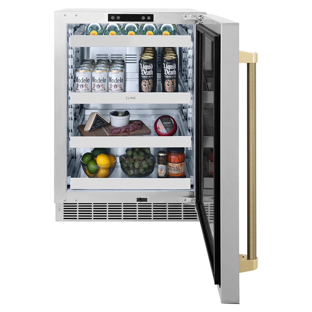 ZLINE Autograph Edition 24 in. Touchstone 151 Can Beverage Fridge with Solid Stainless Steel Door and Champagne Bronze Helix Handle (RBSOZ-ST-24-KCB) - Image 7