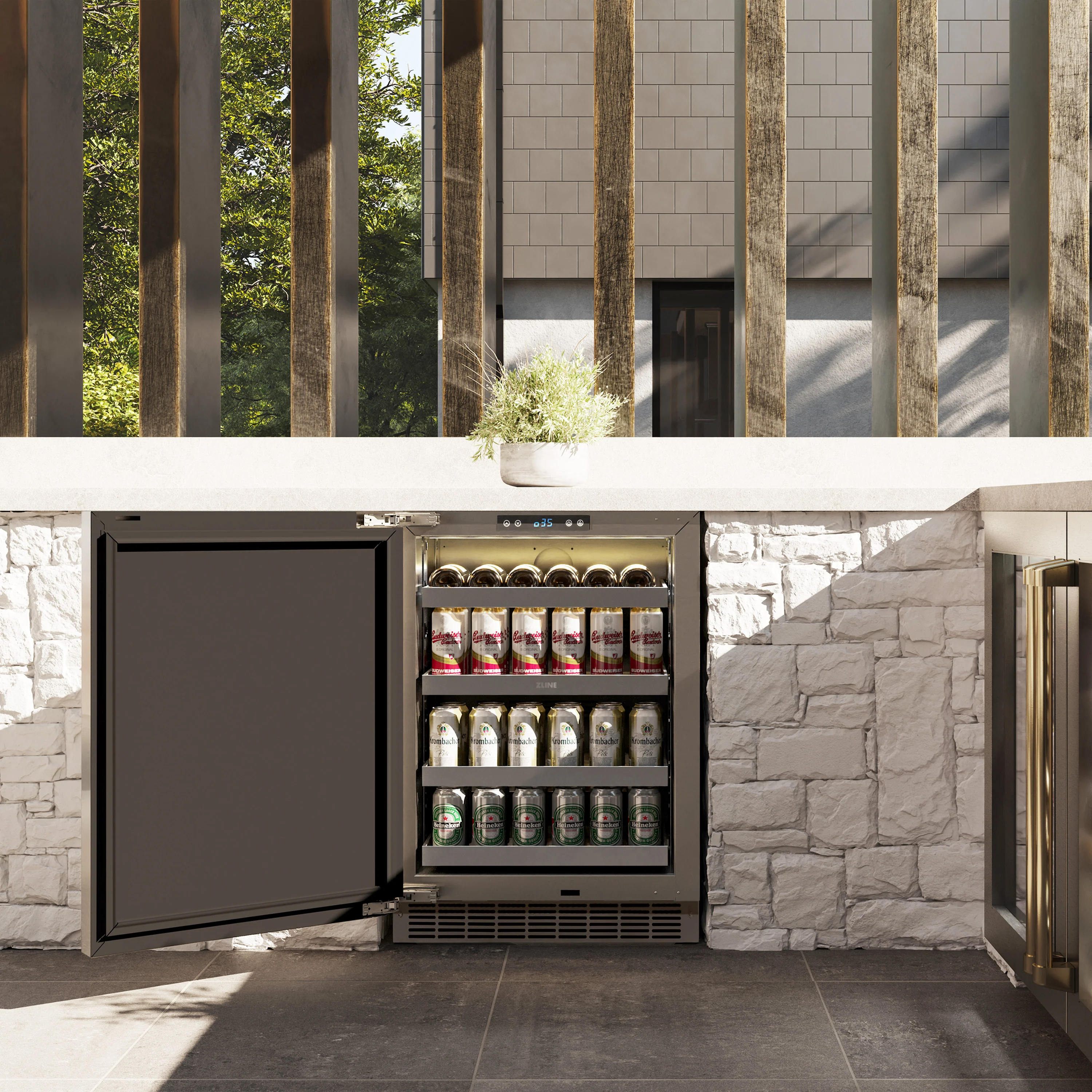ZLINE Autograph Edition 24 in. Touchstone 151 Can Beverage Fridge With Solid Stainless Steel Door And Polished Gold Handle (RBSOZ-ST-24-G) - Image 2