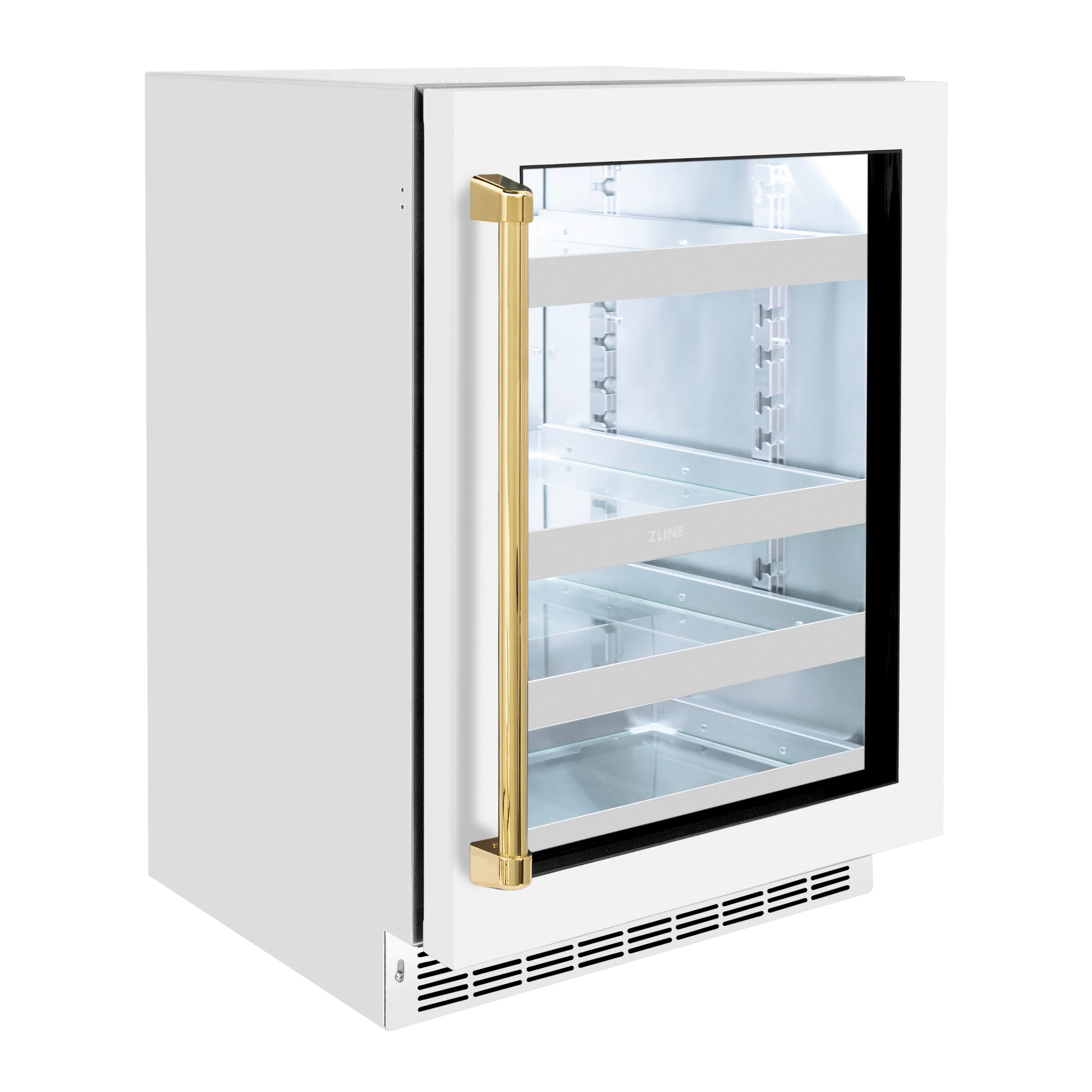 ZLINE Autograph Edition 24 in. Touchstone 151 Can Beverage Fridge With White Matte Glass Door And Polished Gold Handle (RBSOZ-WM-24-G) - Image 5