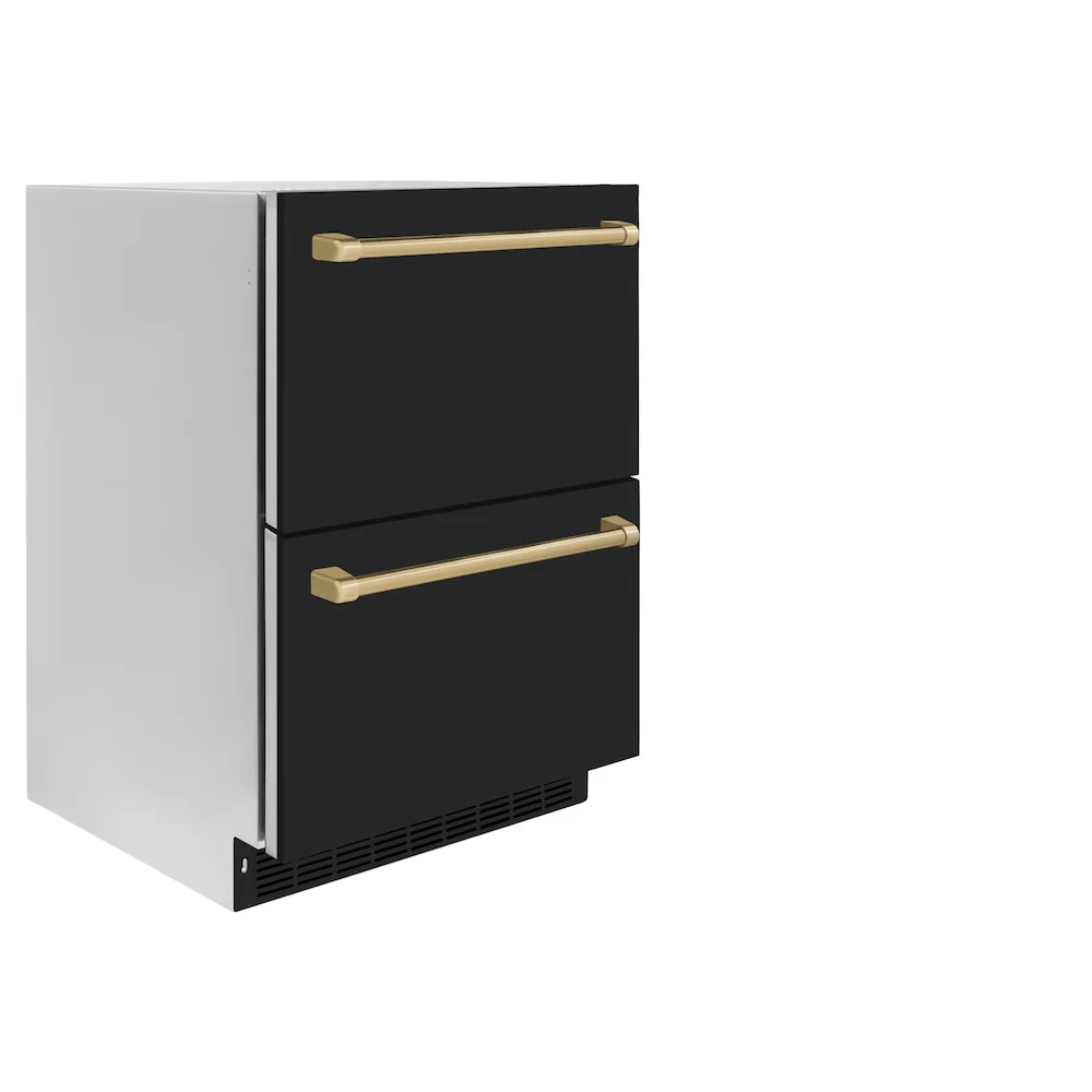 ZLINE Autograph Edition 24 in. Touchstone 168 Can Outdoor-Rated Dual Refrigerator Drawer with Black Matte Doors and Champagne Bronze Handles (RDSOZ-BLM-24-CB) - Image 3