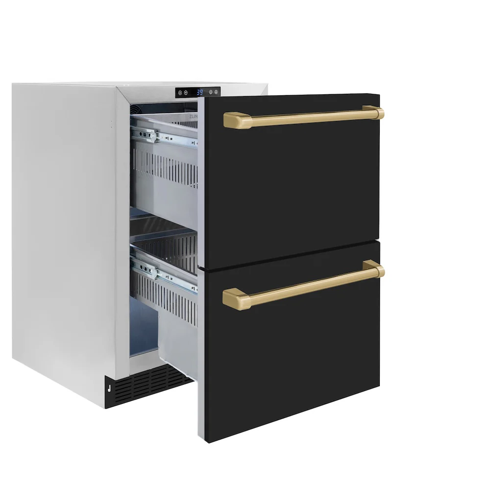 ZLINE Autograph Edition 24 in. Touchstone 168 Can Outdoor-Rated Dual Refrigerator Drawer with Black Matte Doors and Champagne Bronze Handles (RDSOZ-BLM-24-CB) - Image 4