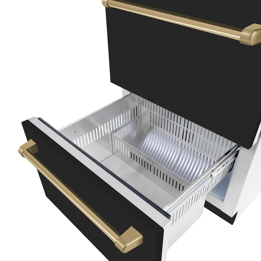 ZLINE Autograph Edition 24 in. Touchstone 168 Can Outdoor-Rated Dual Refrigerator Drawer with Black Matte Doors and Champagne Bronze Handles (RDSOZ-BLM-24-CB) - Image 7