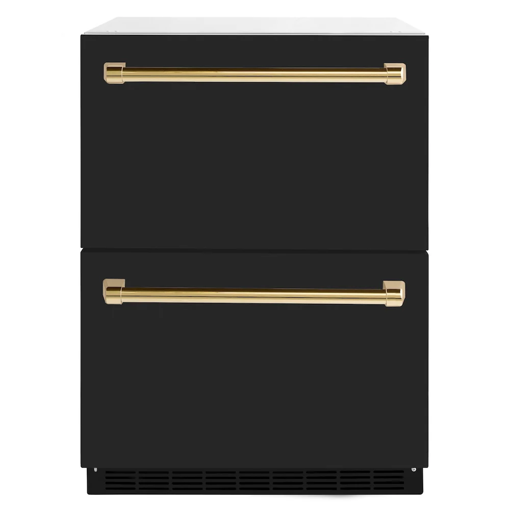 ZLINE Autograph Edition 24 in. Touchstone 168 Can Outdoor-Rated Dual Refrigerator Drawer with Black Matte Doors and Polished Gold Handles (RDSOZ-BLM-24-G)