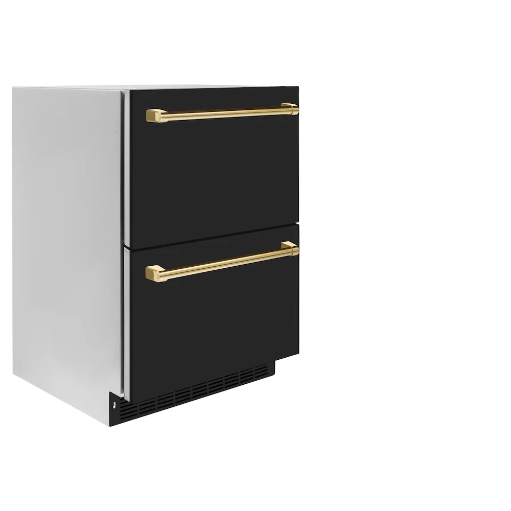ZLINE Autograph Edition 24 in. Touchstone 168 Can Outdoor-Rated Dual Refrigerator Drawer with Black Matte Doors and Polished Gold Handles (RDSOZ-BLM-24-G) - Image 3