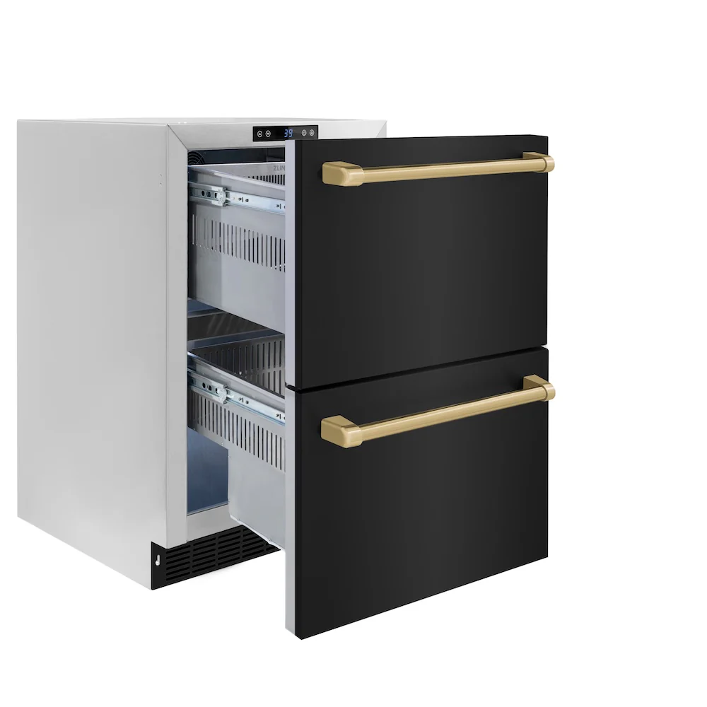 ZLINE Autograph Edition 24 in. Touchstone 168 Can Outdoor-Rated Dual Refrigerator Drawer with Black Stainless Steel Doors and Champagne Bronze Handles (RDSOZ-BS-24-CB) - Image 4