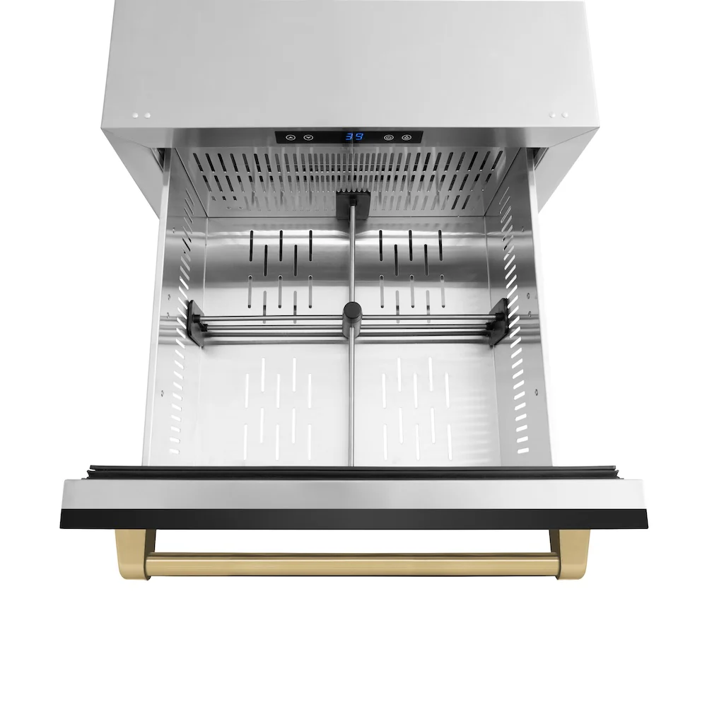 ZLINE Autograph Edition 24 in. Touchstone 168 Can Outdoor-Rated Dual Refrigerator Drawer with Black Stainless Steel Doors and Champagne Bronze Handles (RDSOZ-BS-24-CB) - Image 5