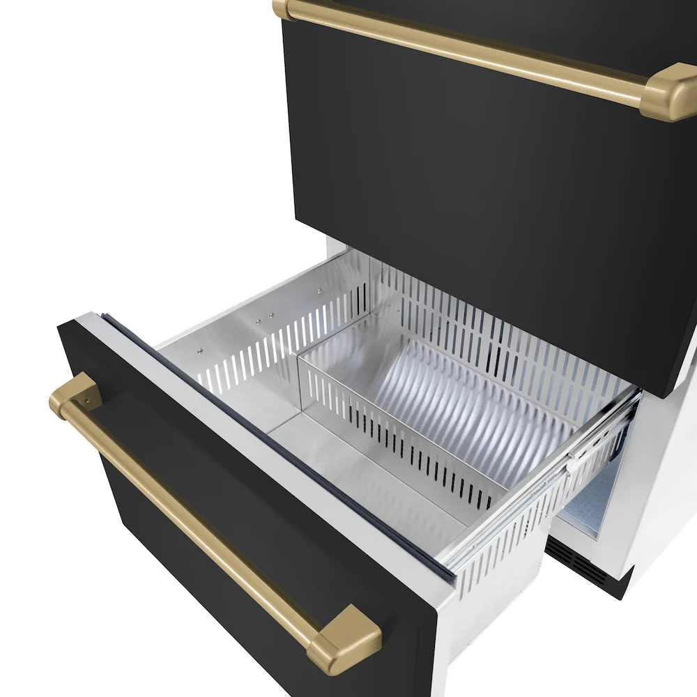 ZLINE Autograph Edition 24 in. Touchstone 168 Can Outdoor-Rated Dual Refrigerator Drawer with Black Stainless Steel Doors and Champagne Bronze Handles (RDSOZ-BS-24-CB) - Image 7