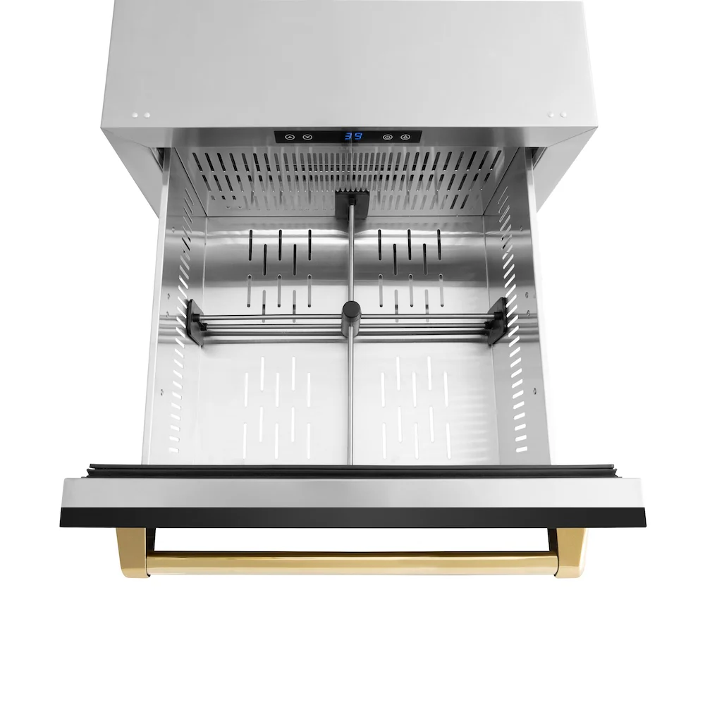 ZLINE Autograph Edition 24 in. Touchstone 168 Can Outdoor-Rated Dual Refrigerator Drawer with Black Stainless Steel Doors and Polished Gold Handles (RDSOZ-BS-24-G) - Image 7