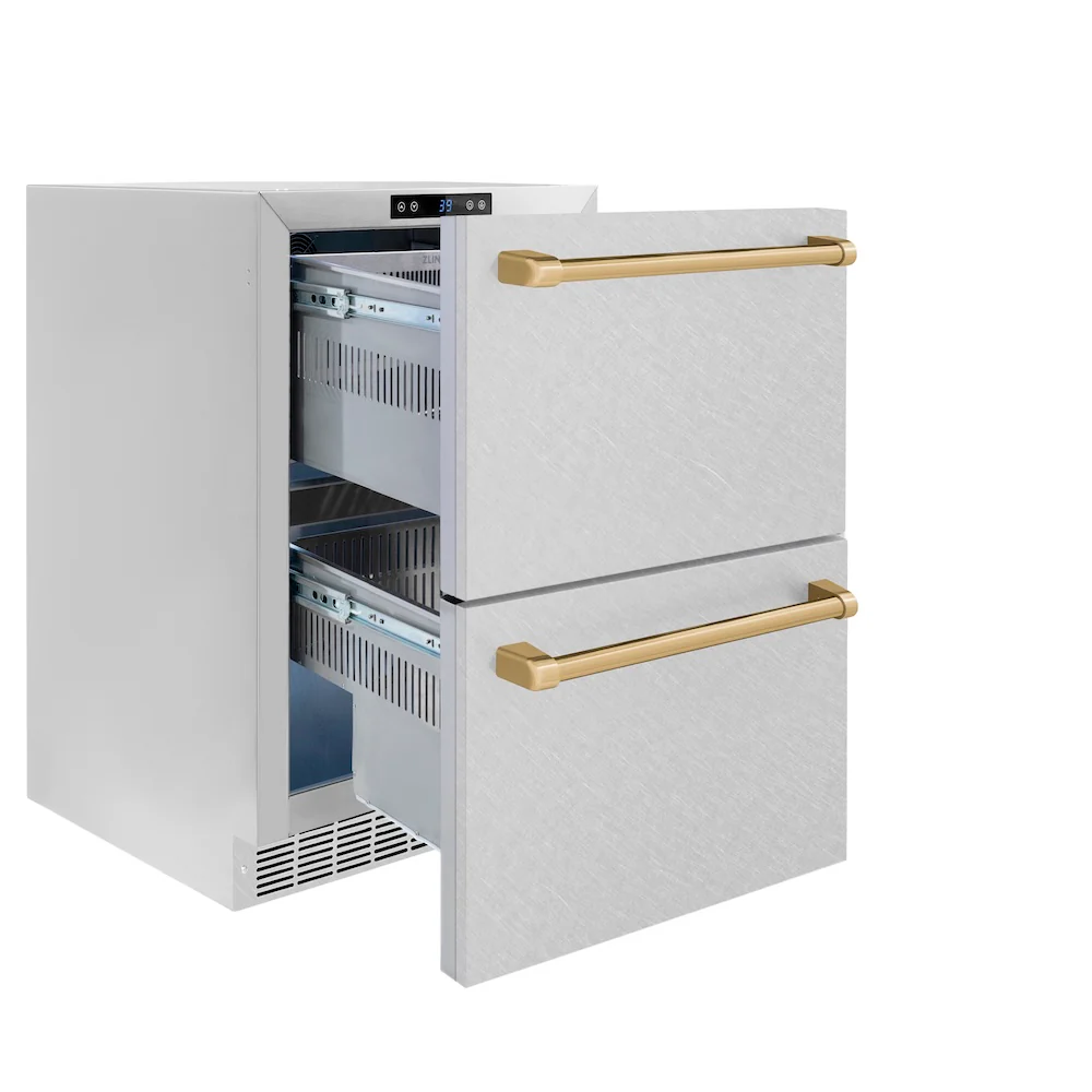 ZLINE Autograph Edition 24 in. Touchstone 168 Can Outdoor-Rated Dual Refrigerator Drawer with Satin Stainless Steel Doors and Champagne Bronze Handles (RDSOZ-SN-24-CB) - Image 4